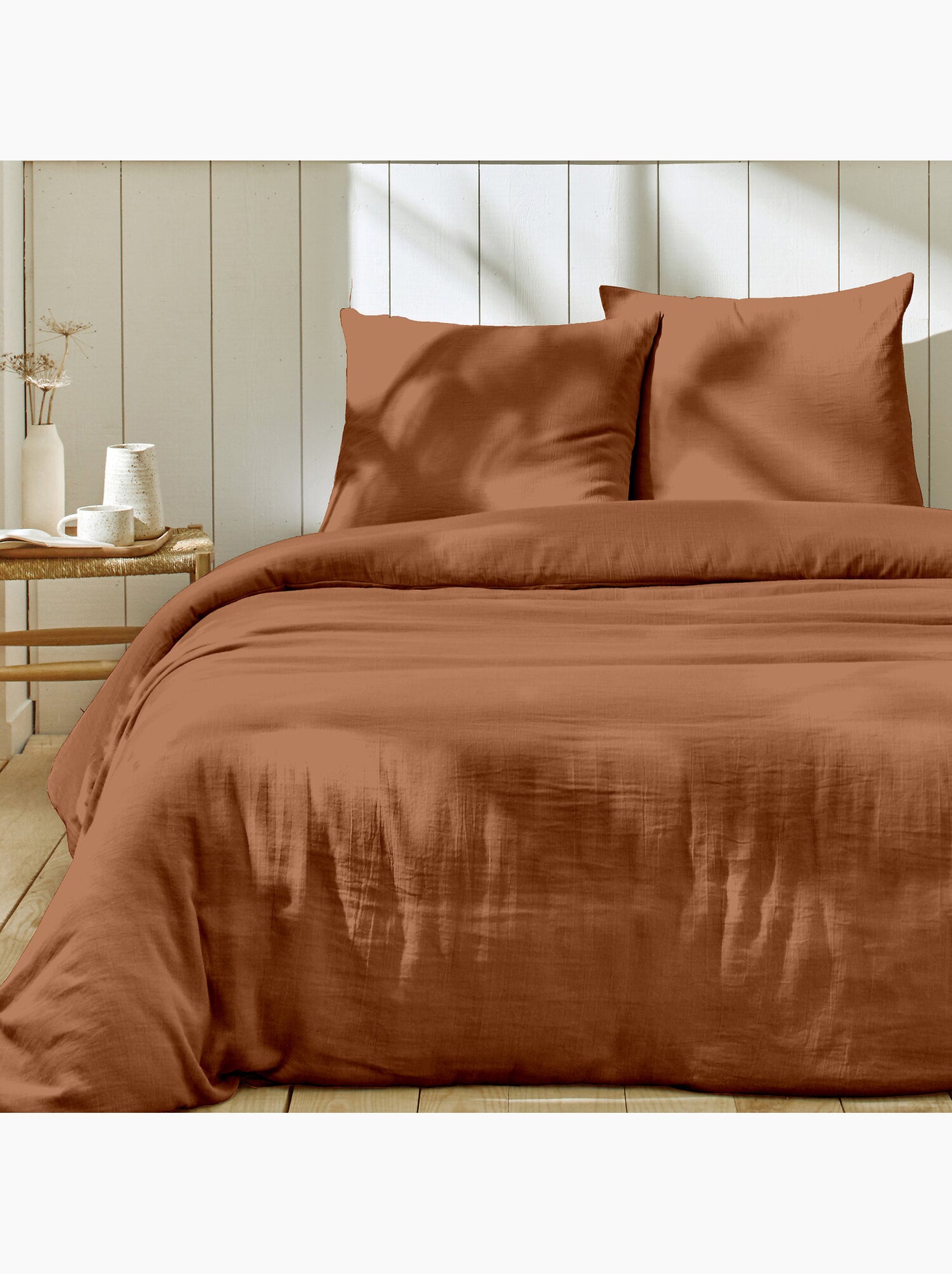 Parure housse de couette + taie(s) gaze coton ozen - Terre cuite