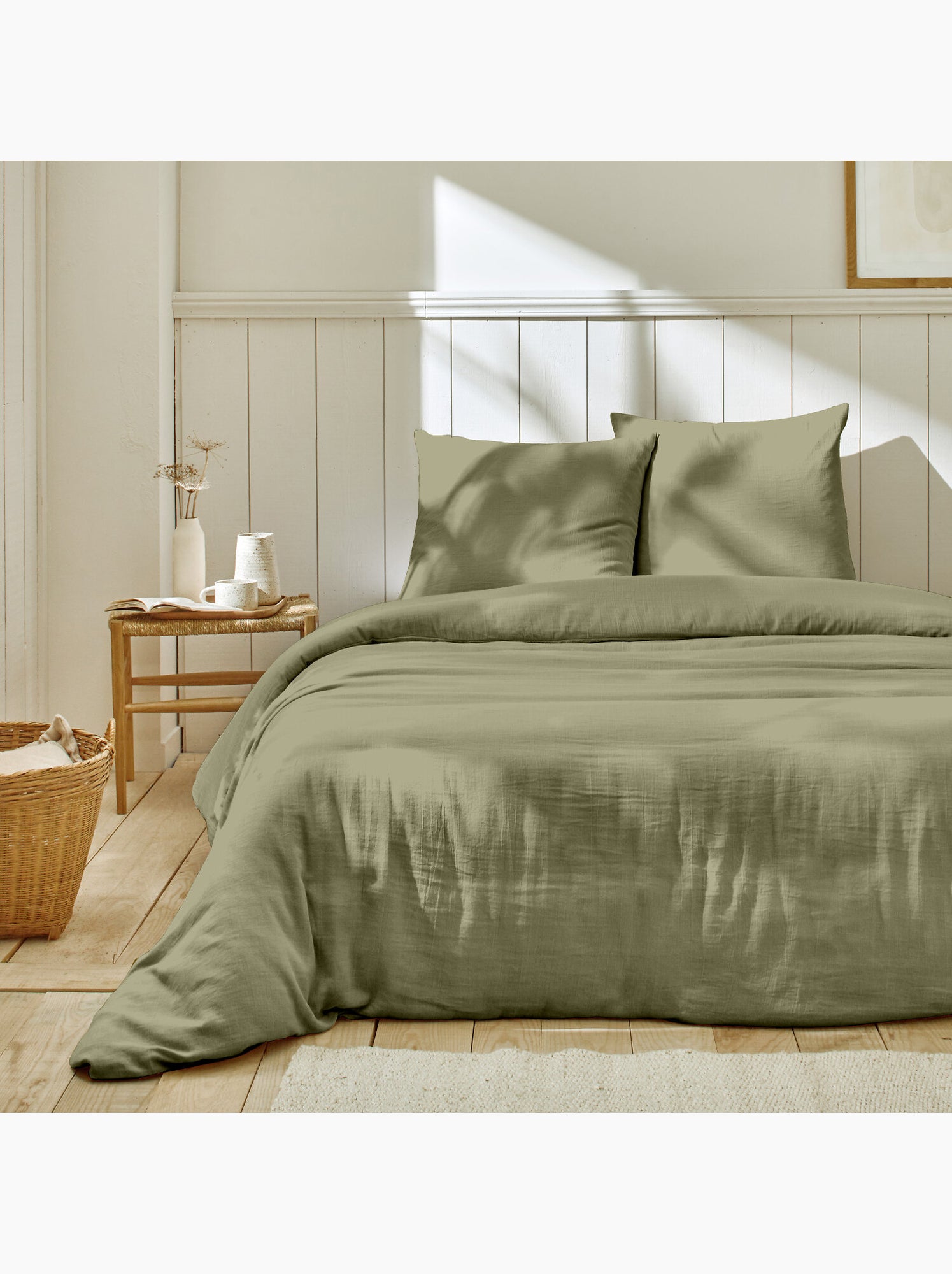 Parure housse de couette + taie(s) gaze coton ozen - Vert de gris