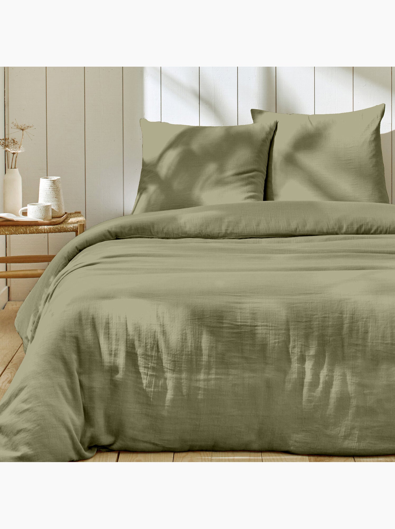 Parure housse de couette + taie(s) gaze coton ozen - Vert de gris