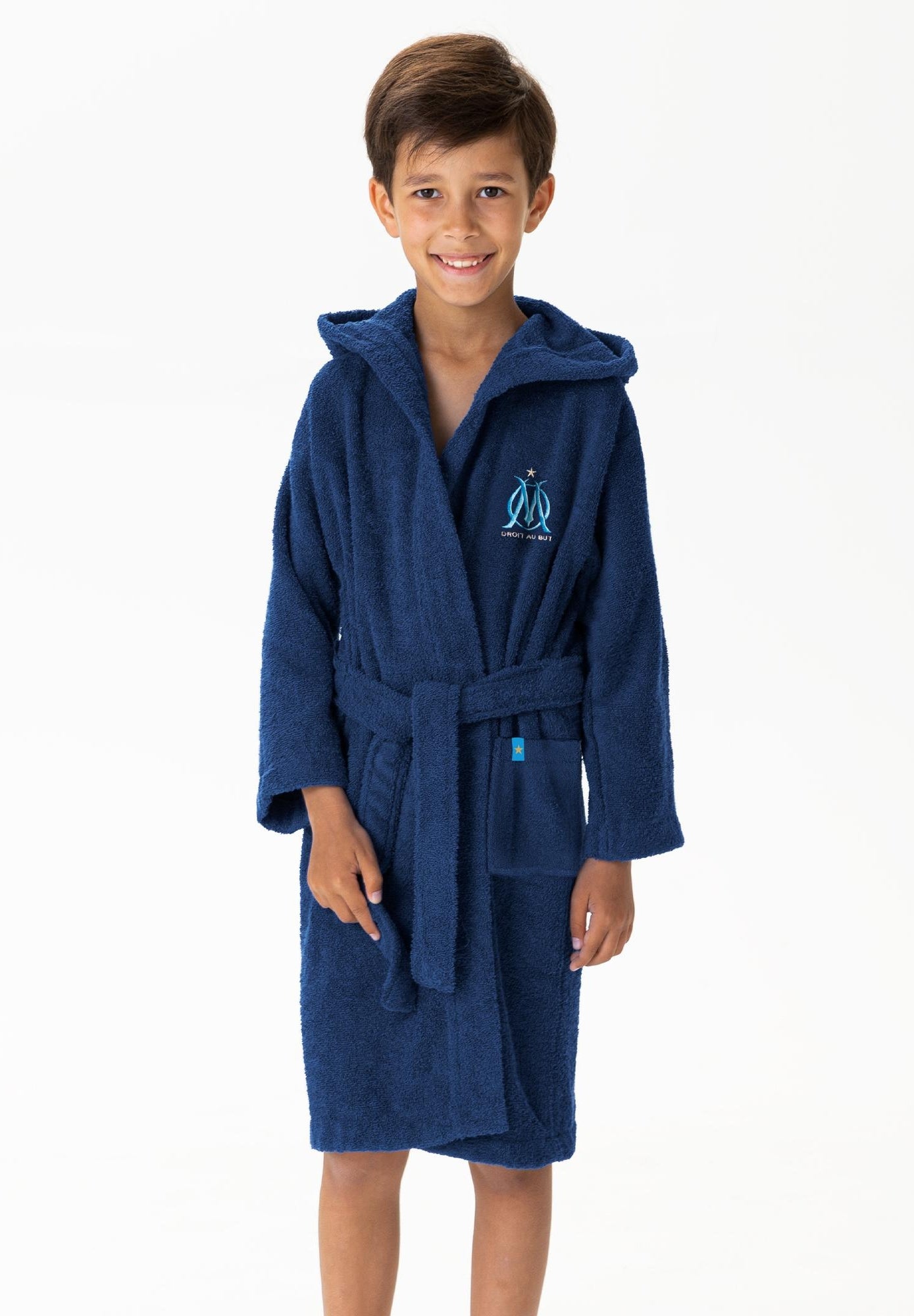 Peignoir enfant brodé 100% coton, OM RUBAN - Bleu marine