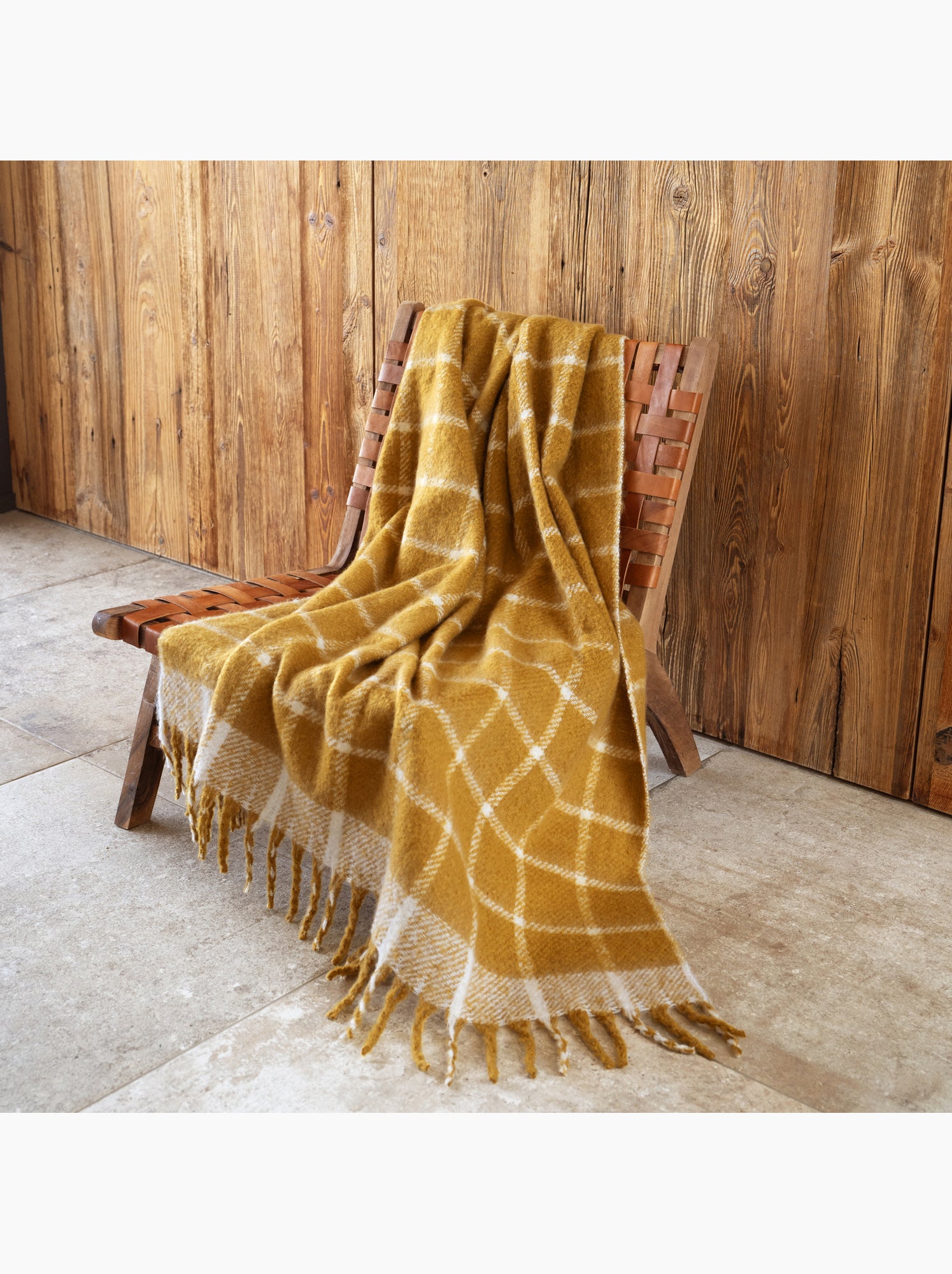 Plaid à carreaux aspect mohair avec franges - Jaune