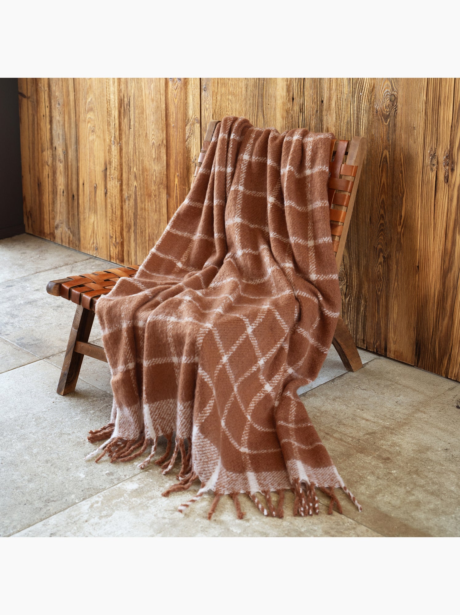 Plaid à carreaux aspect mohair avec franges - Marron clair