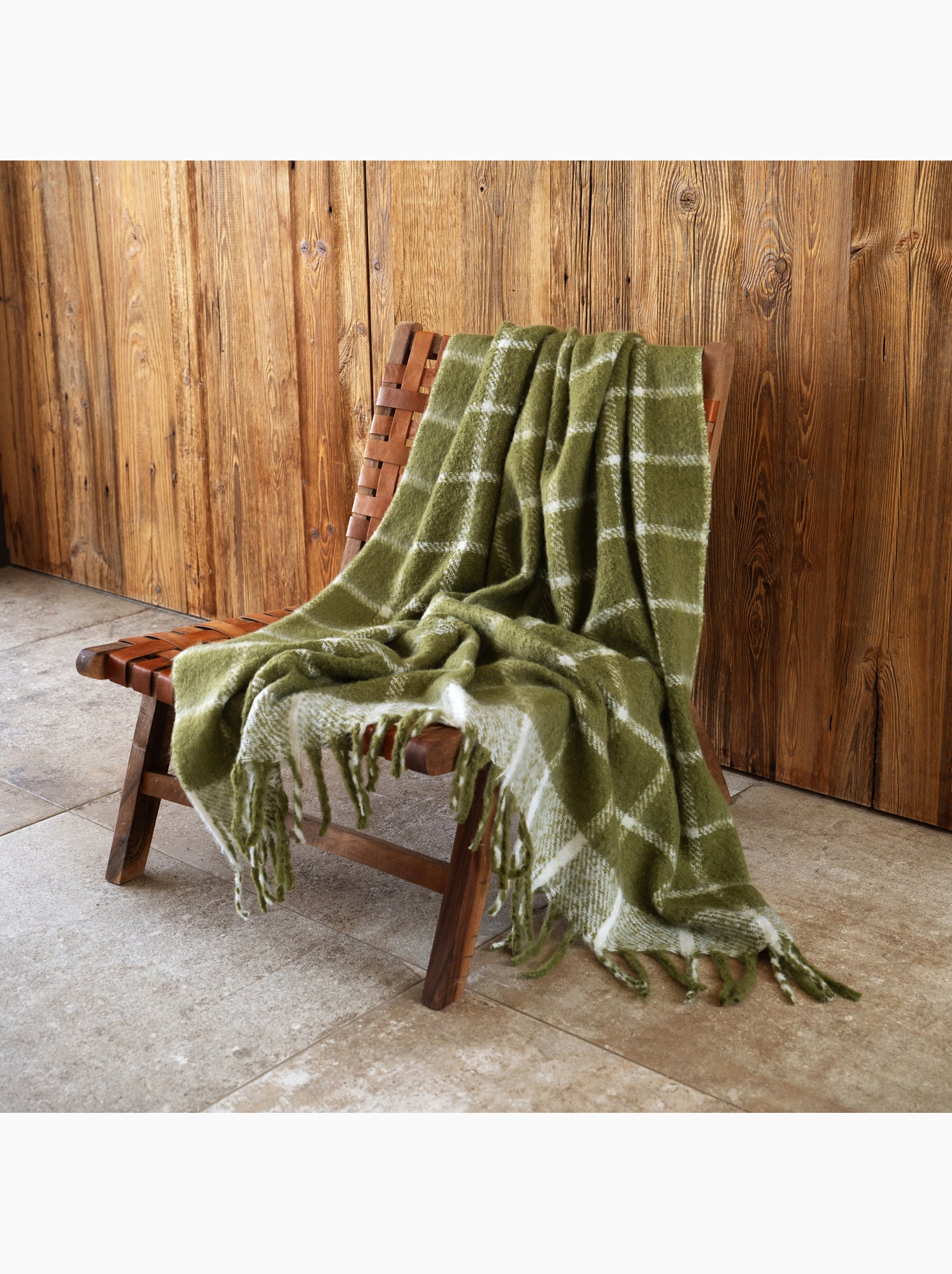 Plaid à carreaux aspect mohair avec franges - Vert