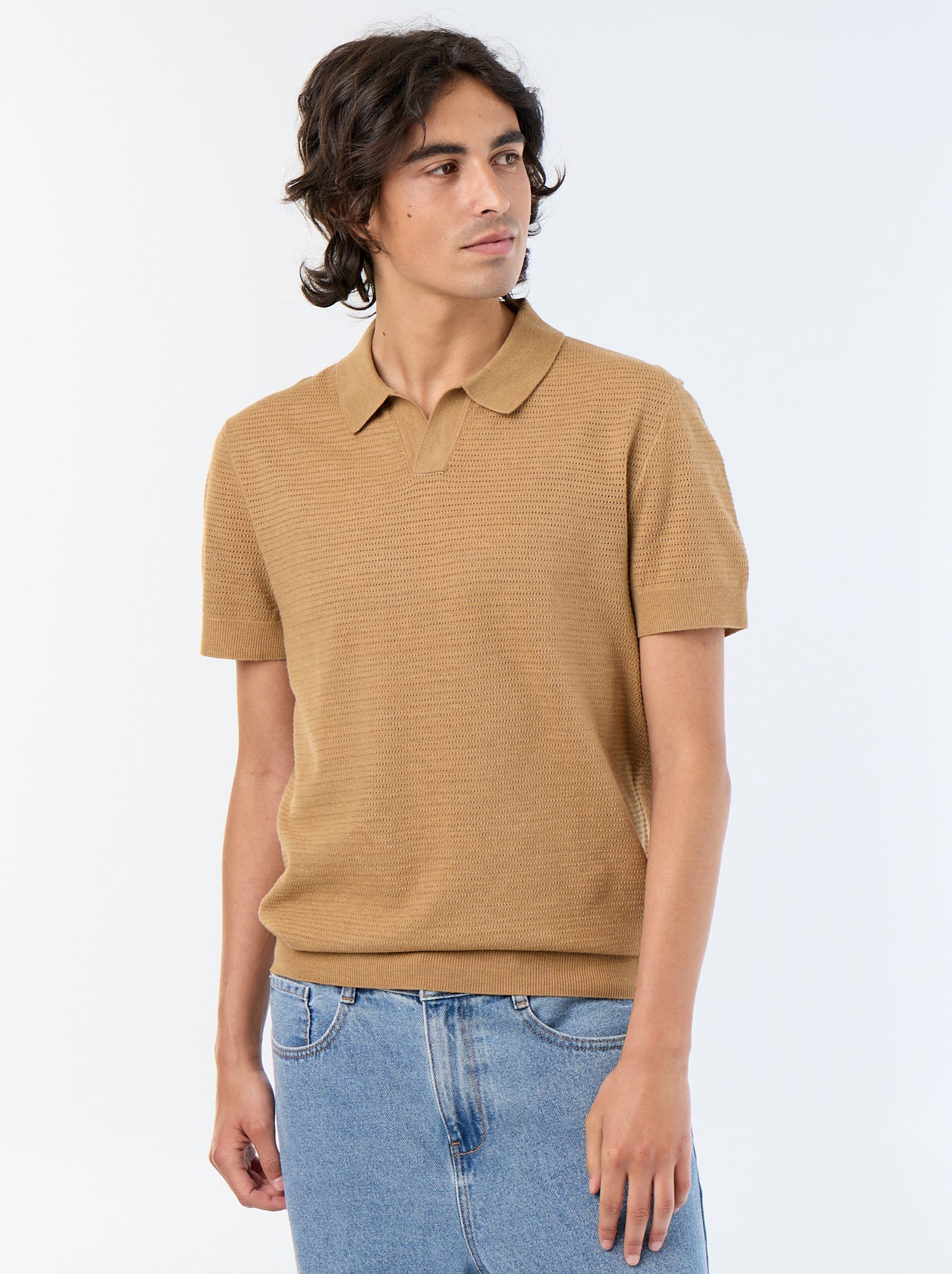 Polo en coton uni à manches courtes pour homme - Beige