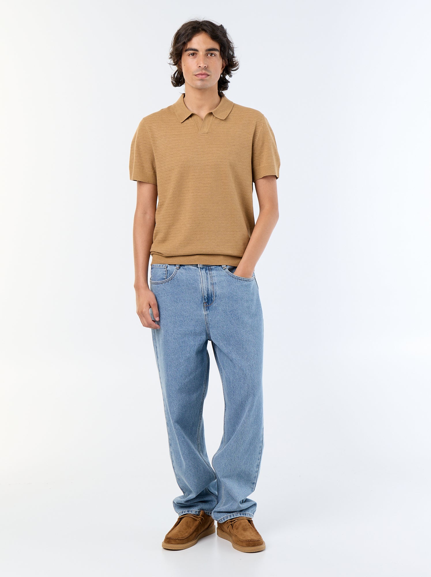Polo en coton uni à manches courtes pour homme - Beige