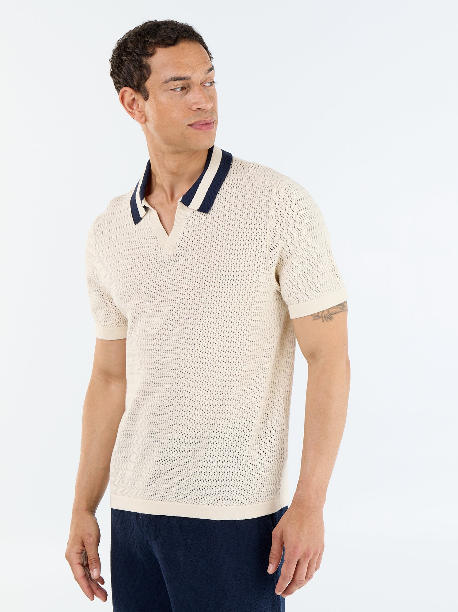 Polo en maille ajourée à manches courtes - Beige