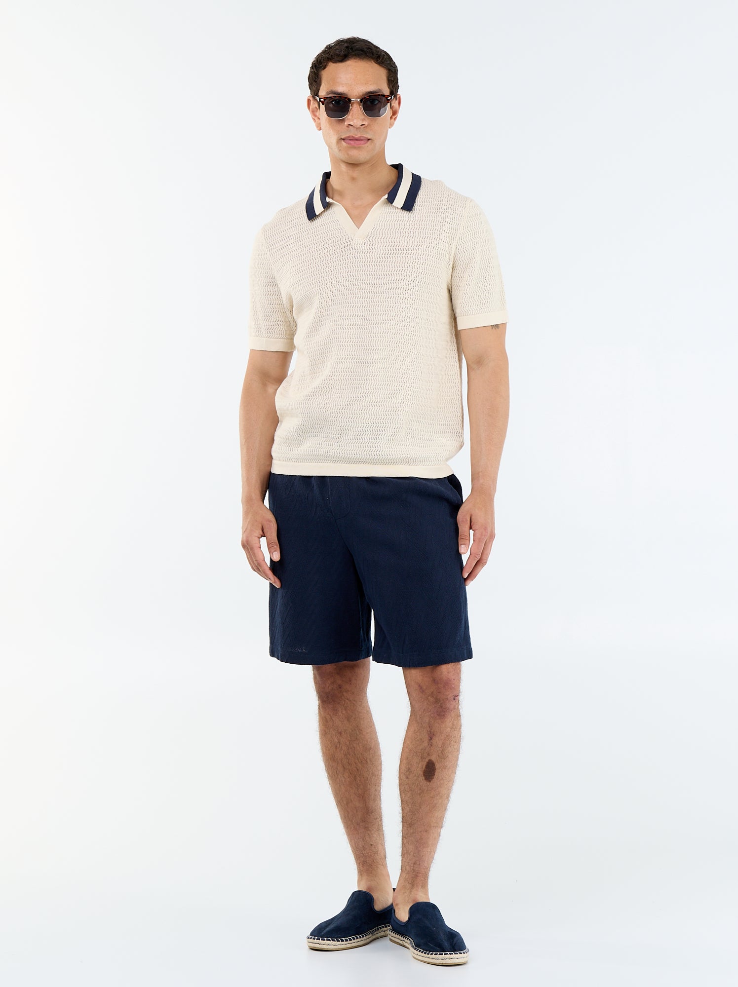Polo en maille ajourée à manches courtes - Beige