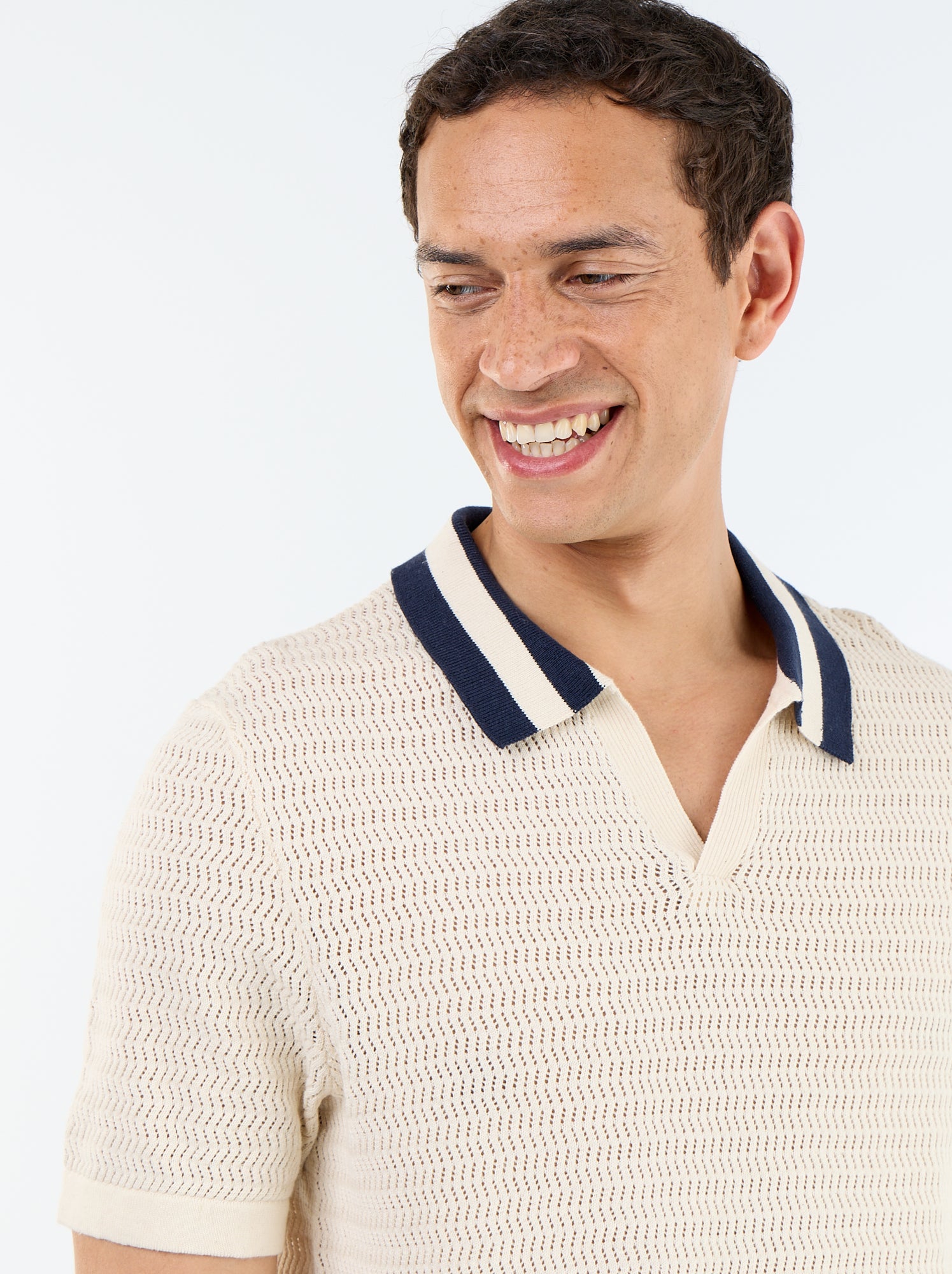 Polo en maille ajourée à manches courtes - Beige