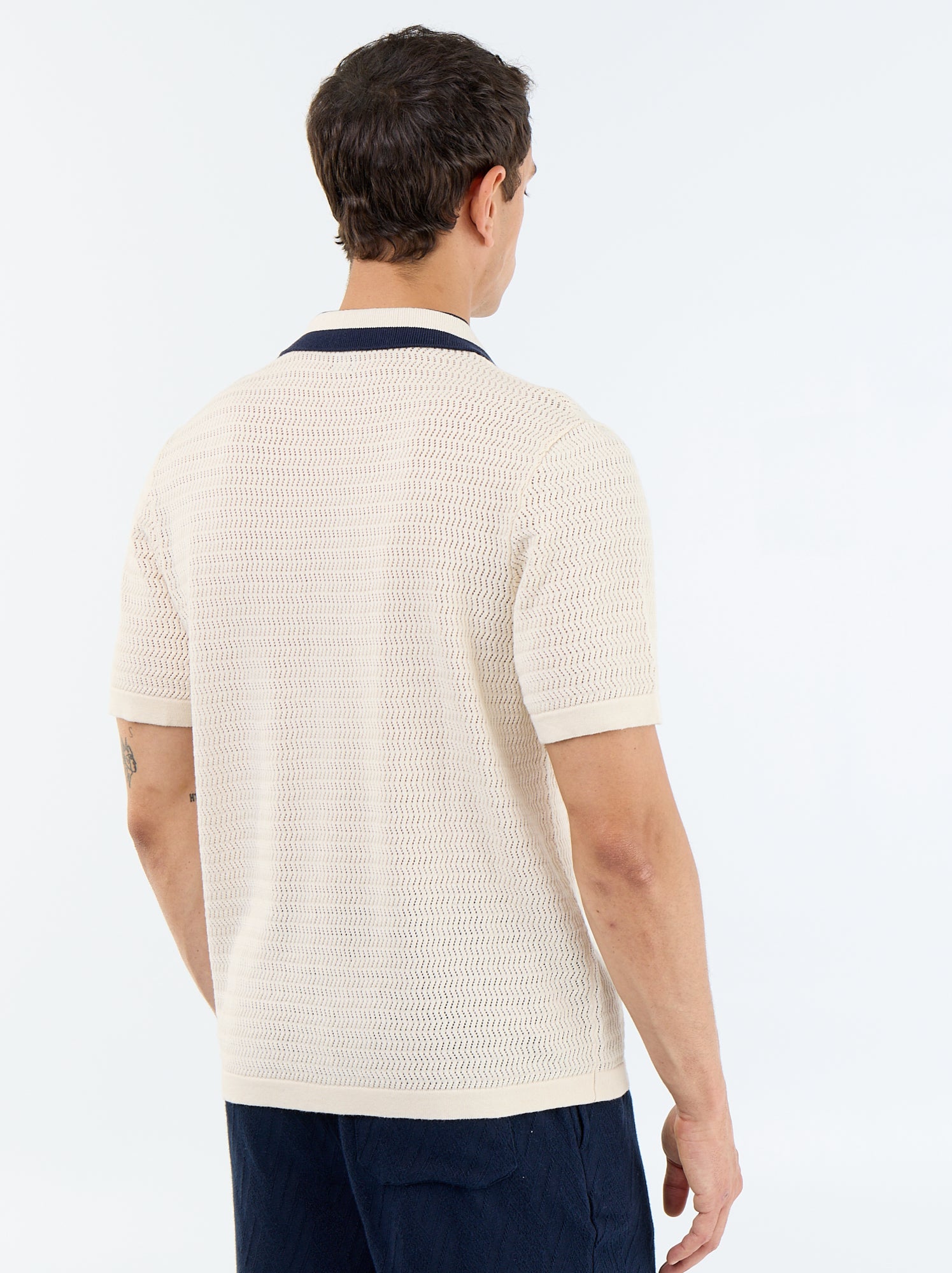 Polo en maille ajourée à manches courtes - Beige