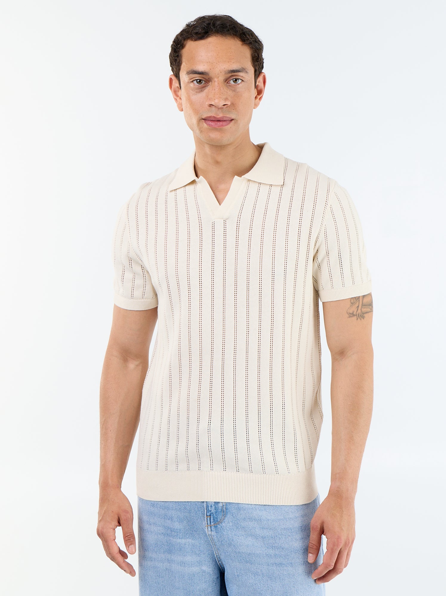 Polo en maille ajourée manches courtes - Beige