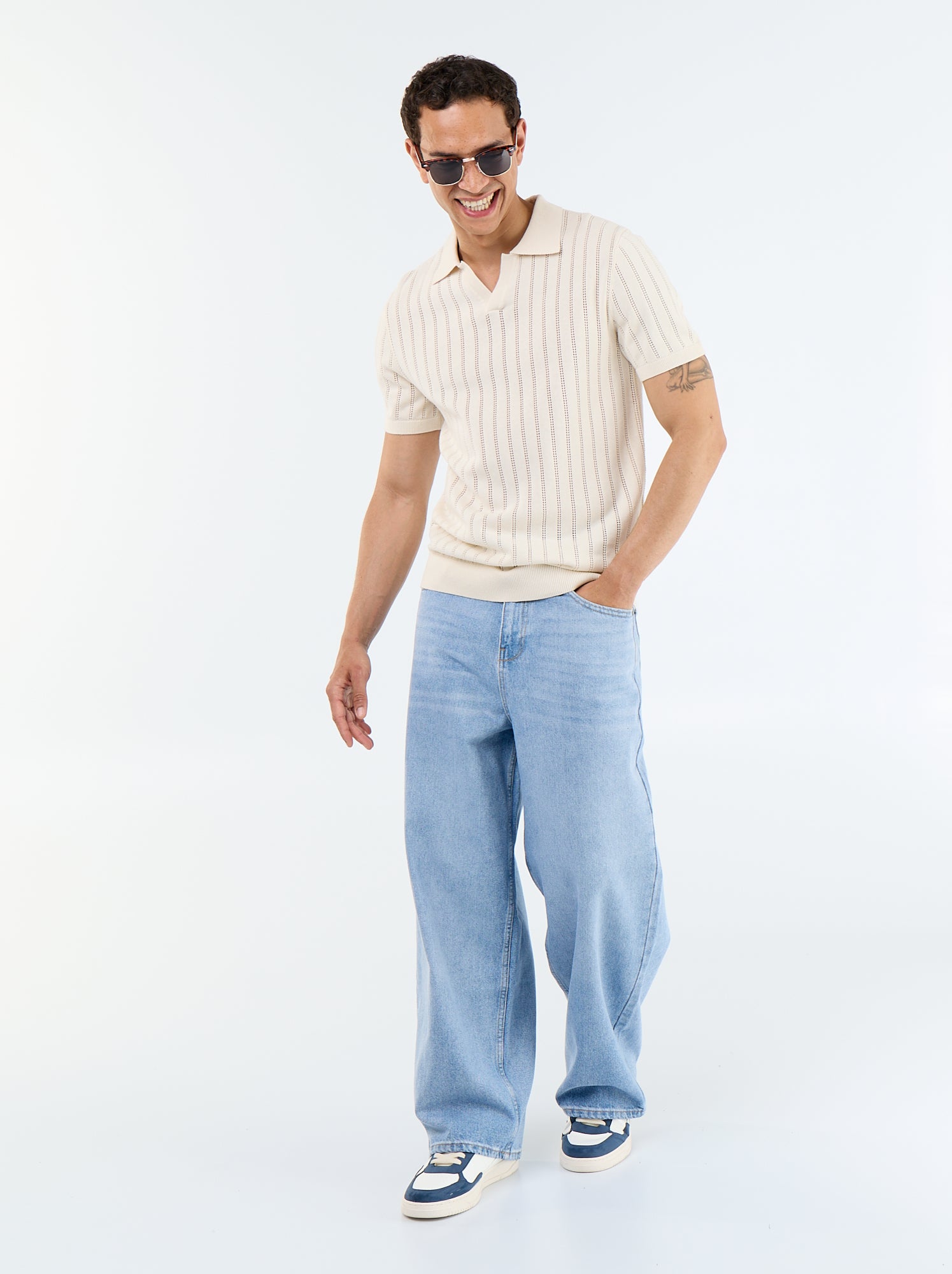 Polo en maille ajourée manches courtes - Beige