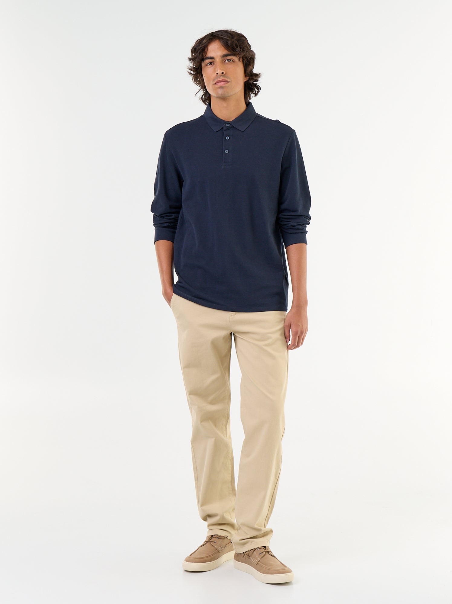 Polo en maille piquée manches longues - Bleu