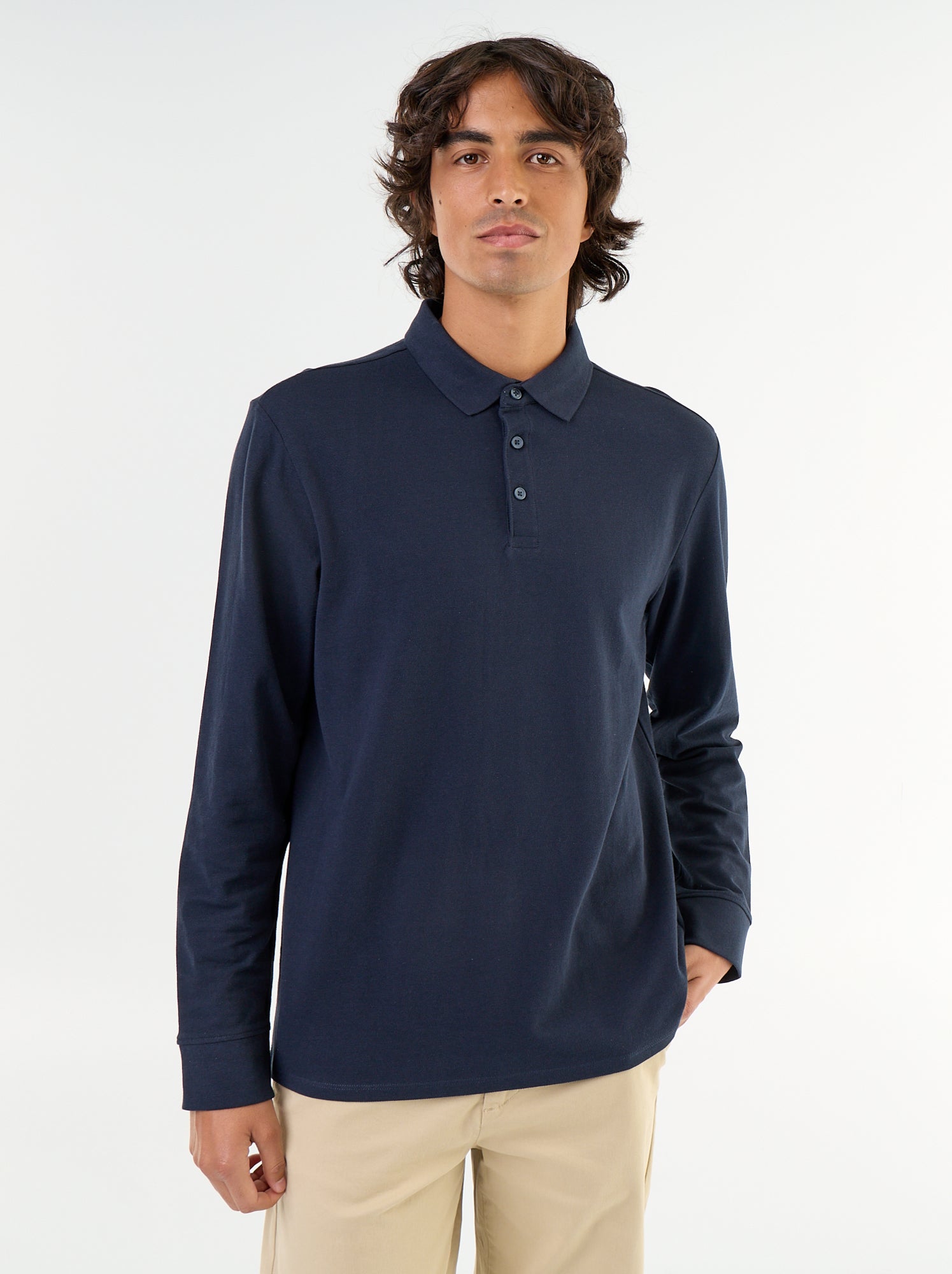 Polo en maille piquée manches longues - Bleu