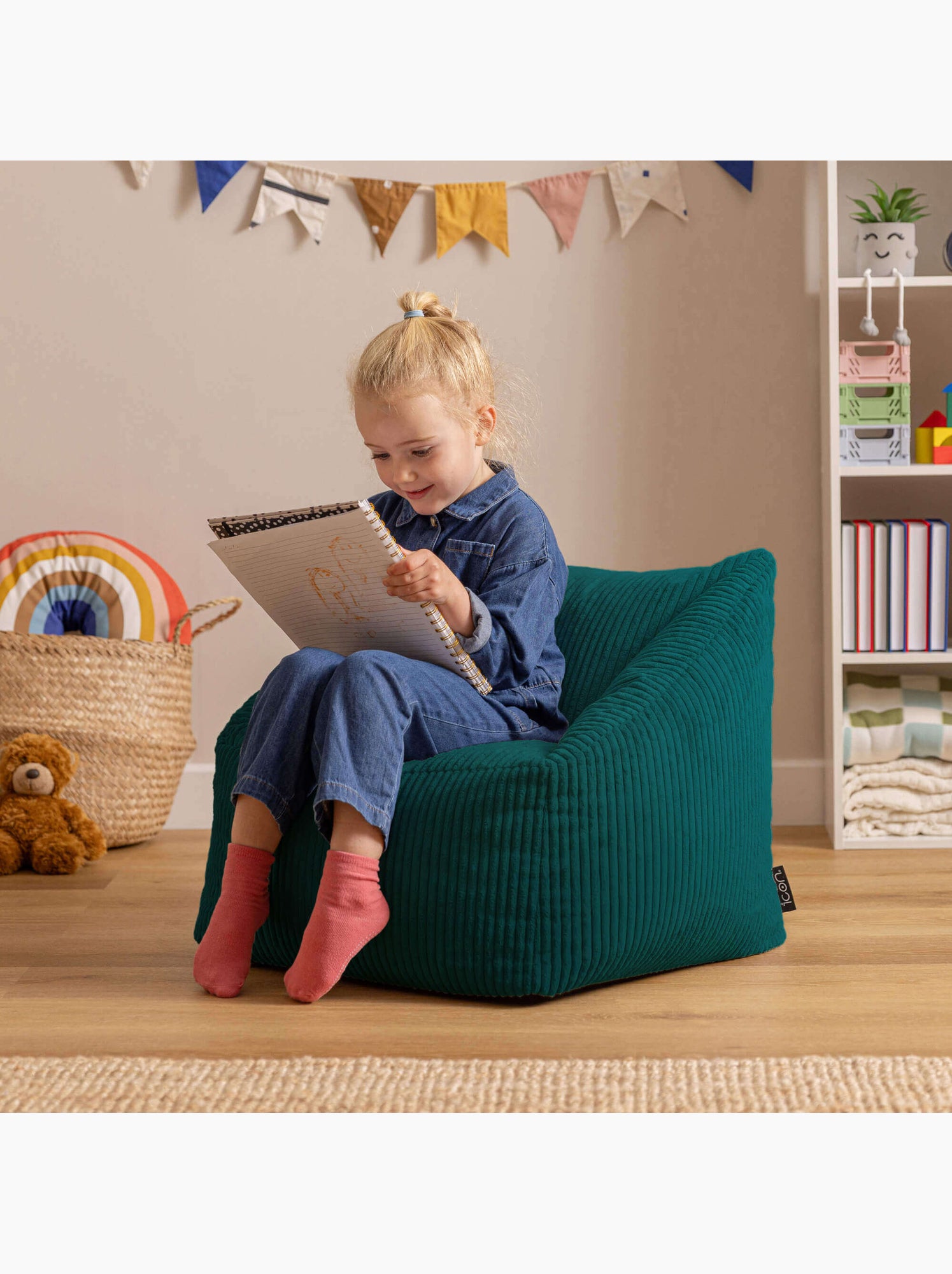 Pouf fauteuil enfant en velours côtelé - icon - Bleu canard