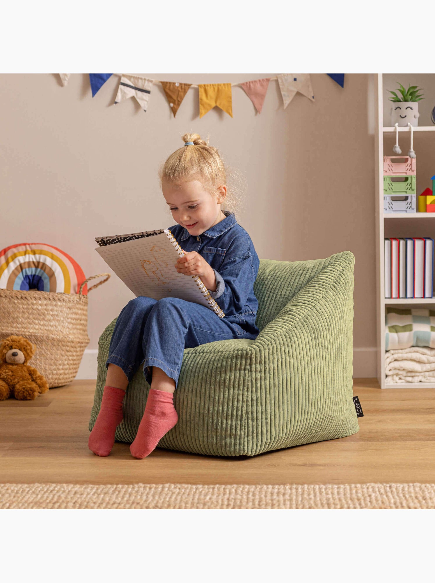 Pouf fauteuil enfant en velours côtelé - icon - Vert Sauge