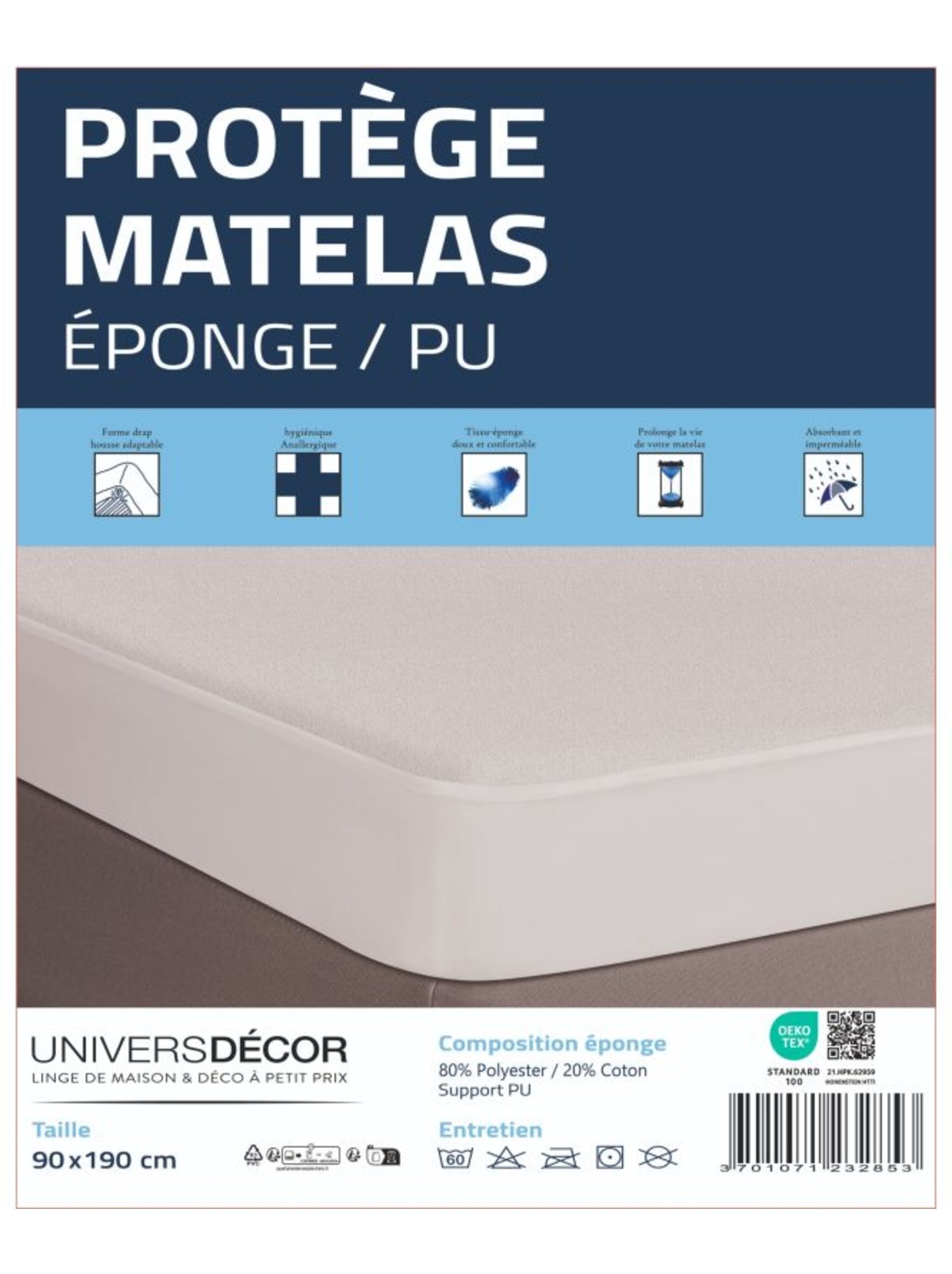 Protection de matelas - Coton Pur - 80% Polyester/20% Coton - Blanc