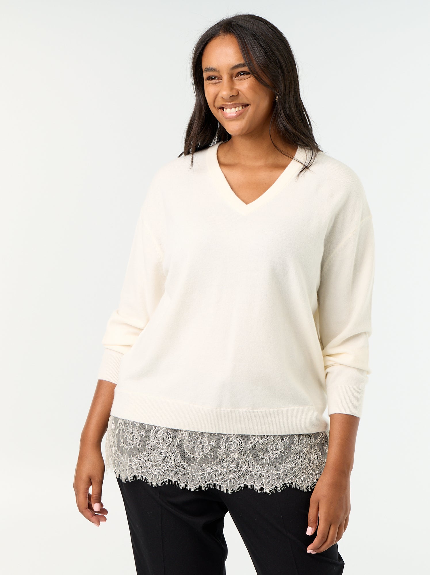 Pull 2-en-1 avec laine mélangée et dentelle - Blanc