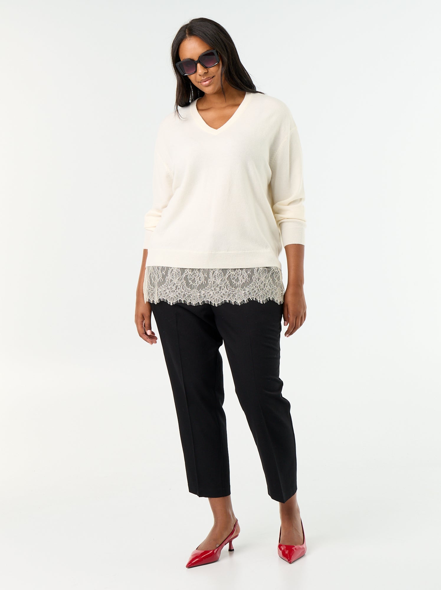 Pull 2-en-1 avec laine mélangée et dentelle - Blanc
