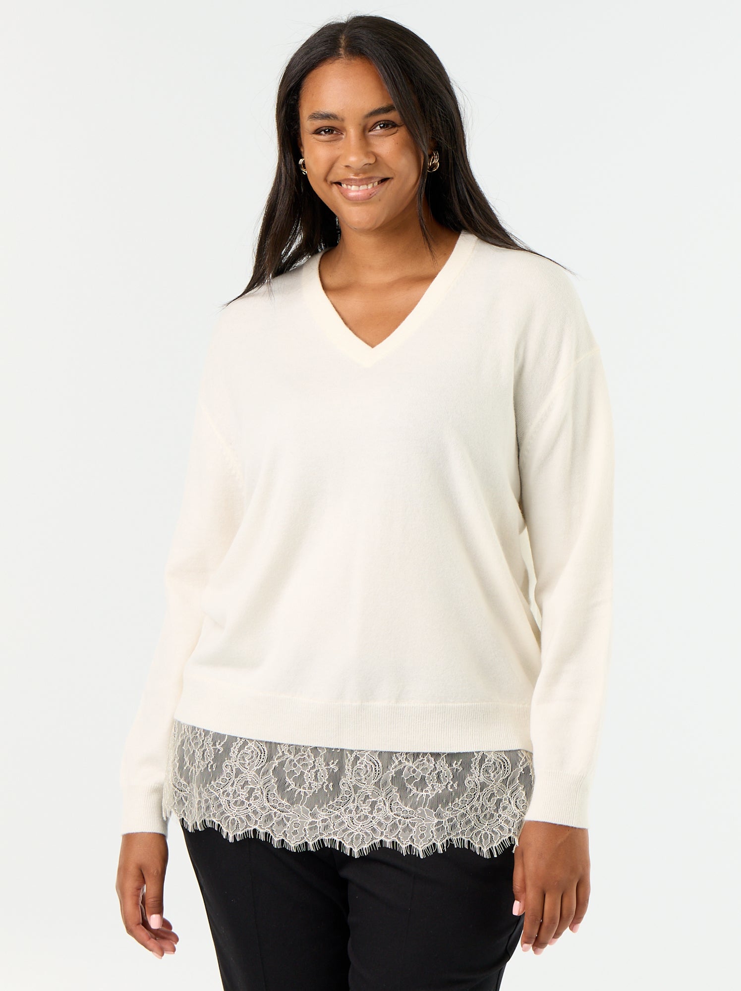 Pull 2-en-1 avec laine mélangée et dentelle - Blanc