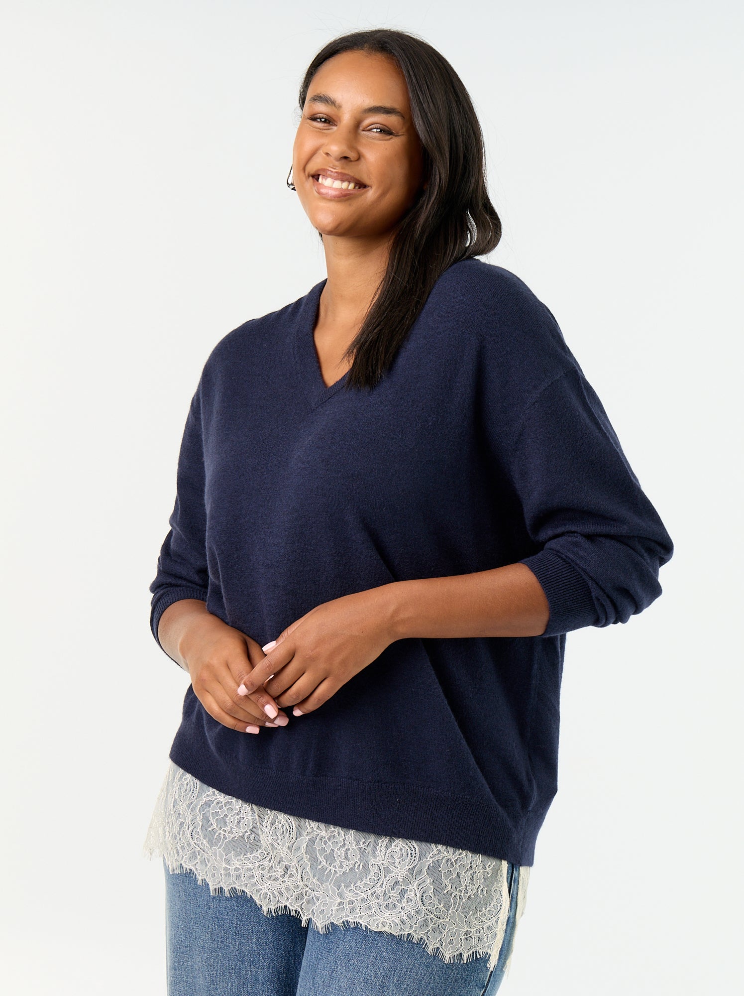 Pull 2-en-1 avec laine mélangée et dentelle - Bleu