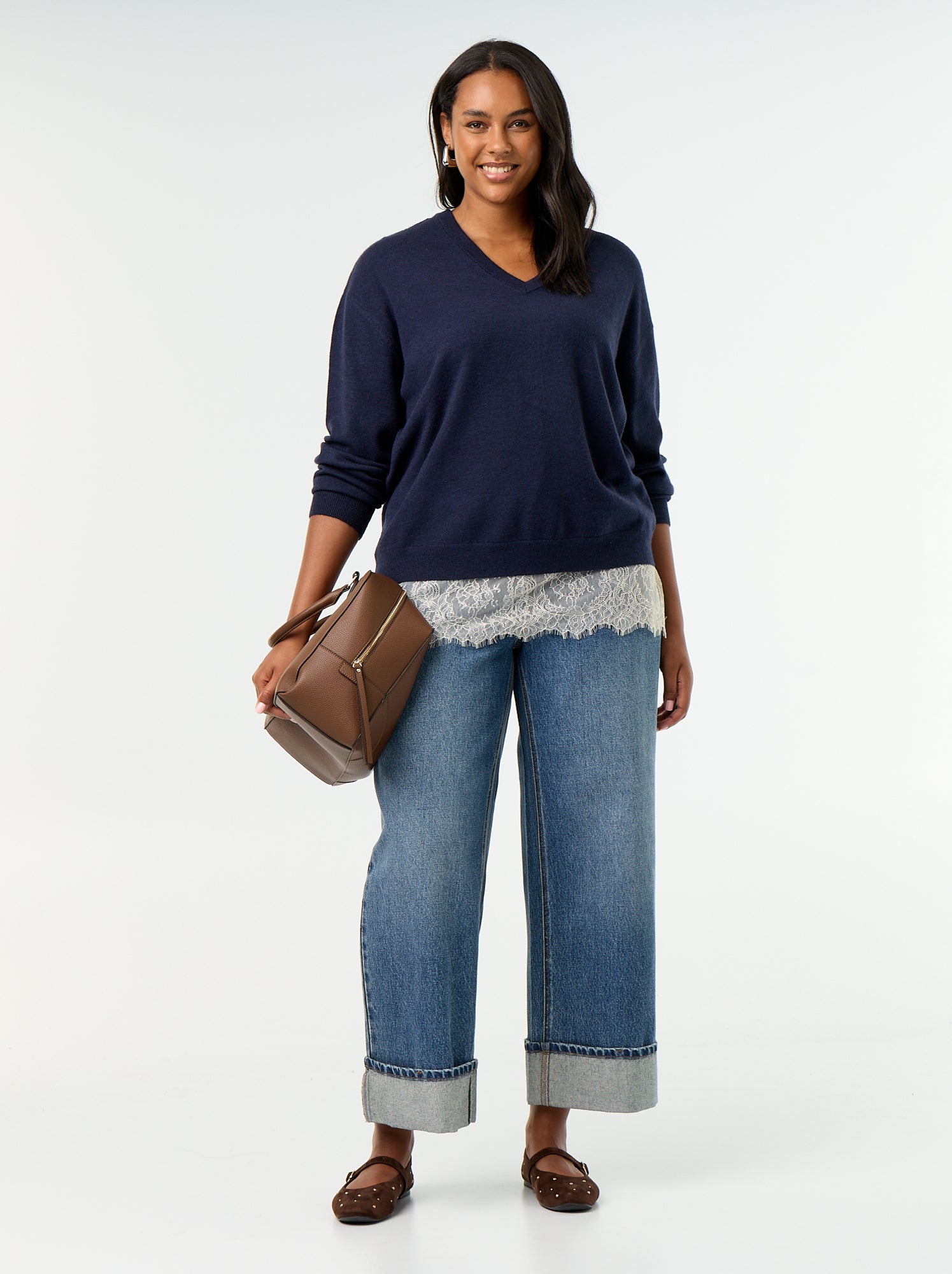 Pull 2-en-1 avec laine mélangée et dentelle - Bleu