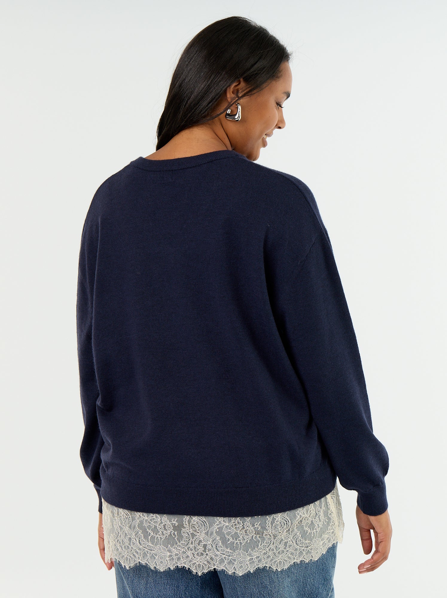 Pull 2-en-1 avec laine mélangée et dentelle - Bleu
