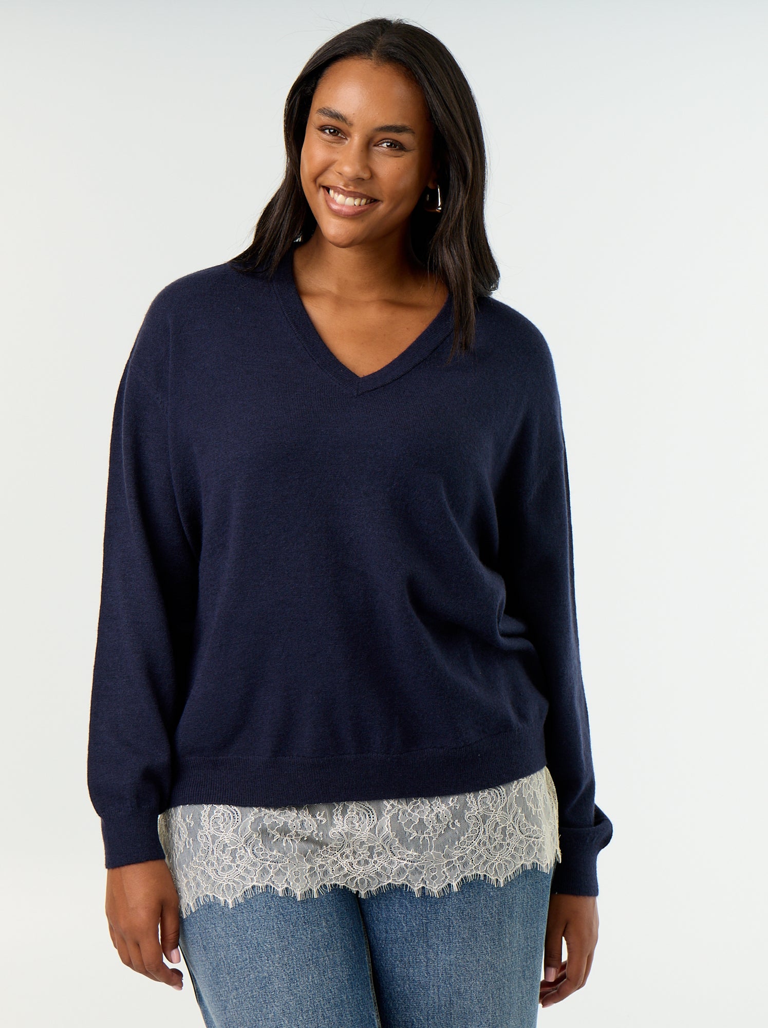 Pull 2-en-1 avec laine mélangée et dentelle - Bleu
