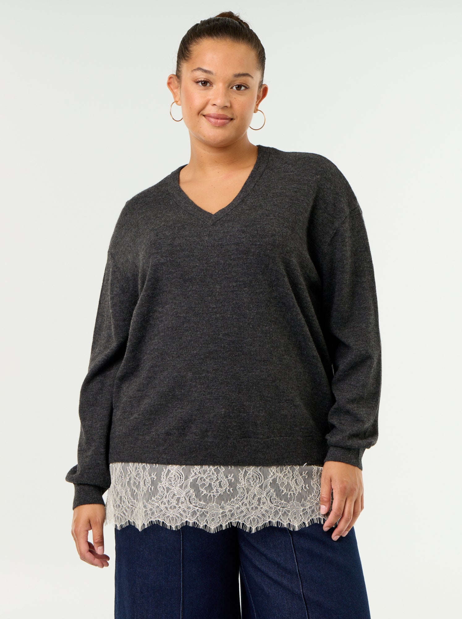Pull 2-en-1 avec laine mélangée et dentelle - Gris