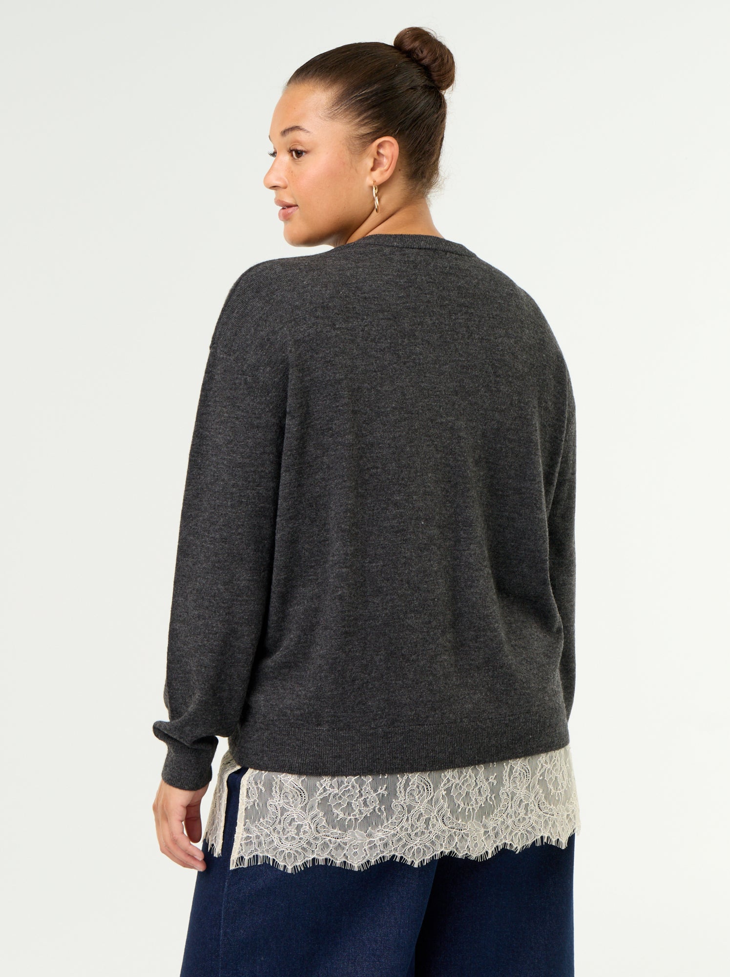 Pull 2-en-1 avec laine mélangée et dentelle - Gris