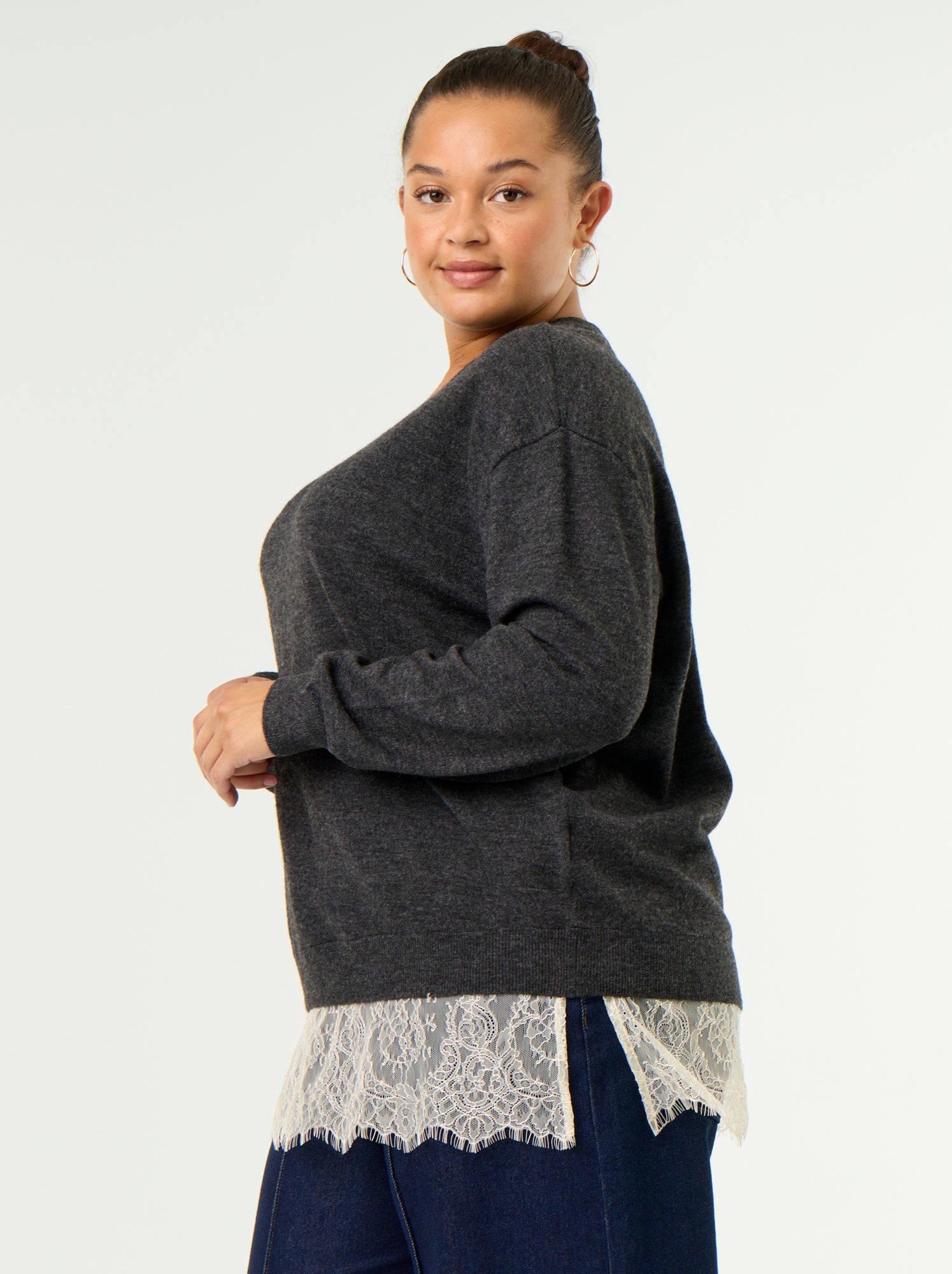 Pull 2-en-1 avec laine mélangée et dentelle - Gris