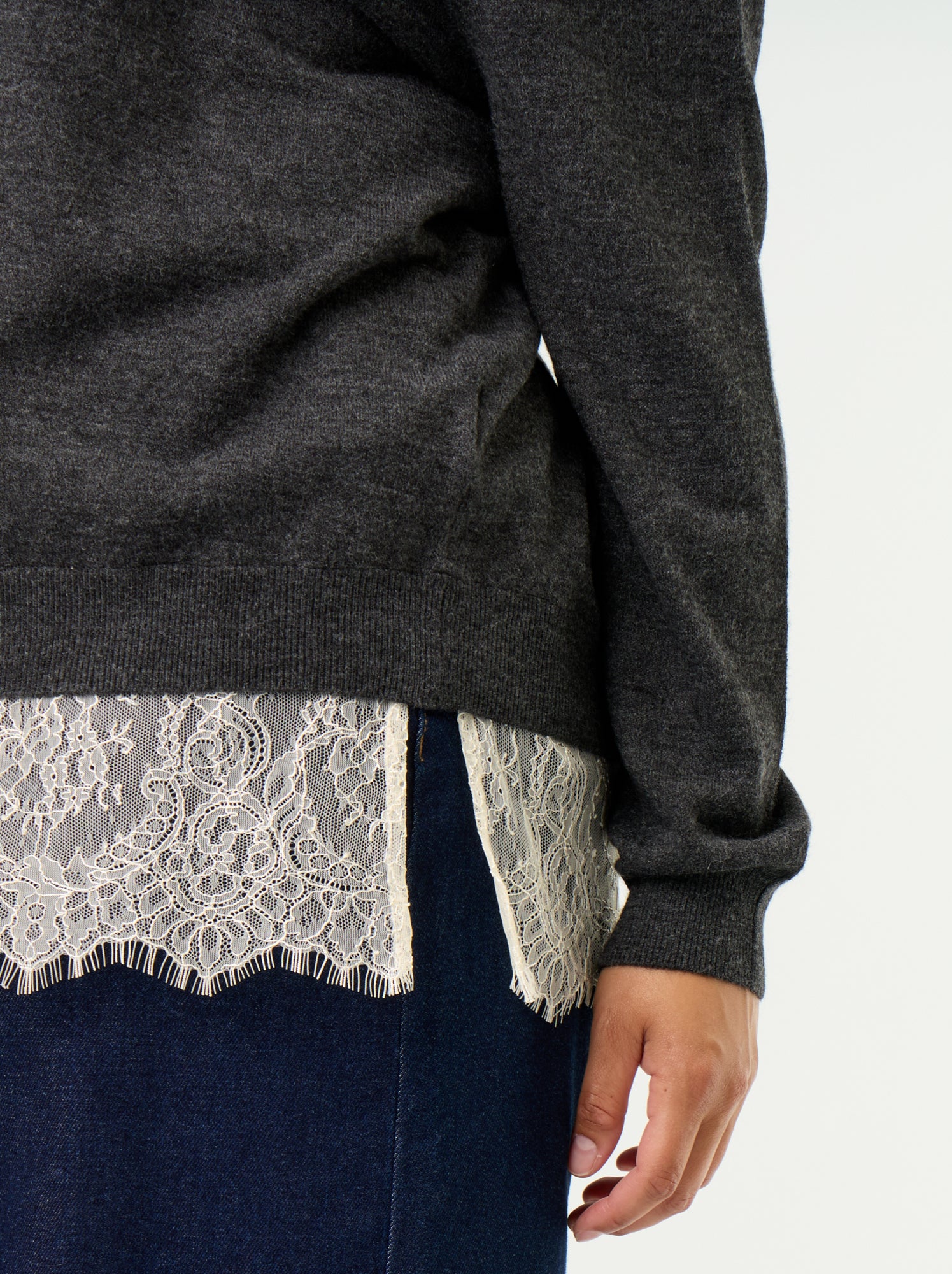 Pull 2-en-1 avec laine mélangée et dentelle - Gris