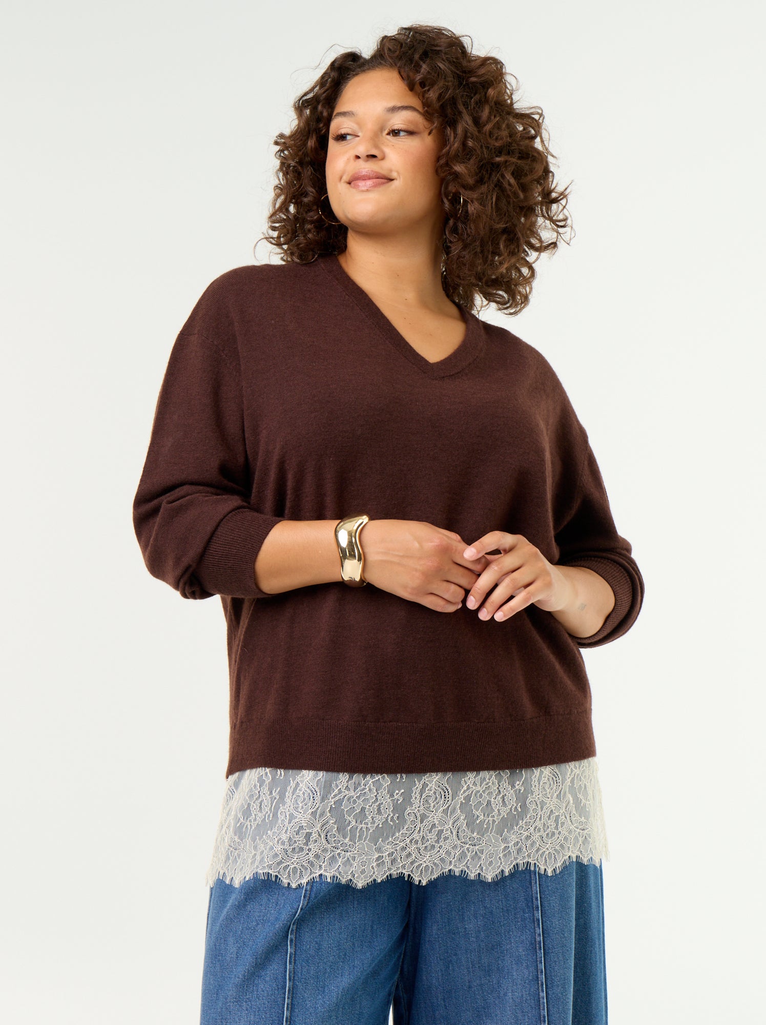 Pull 2-en-1 avec laine mélangée et dentelle - Marron