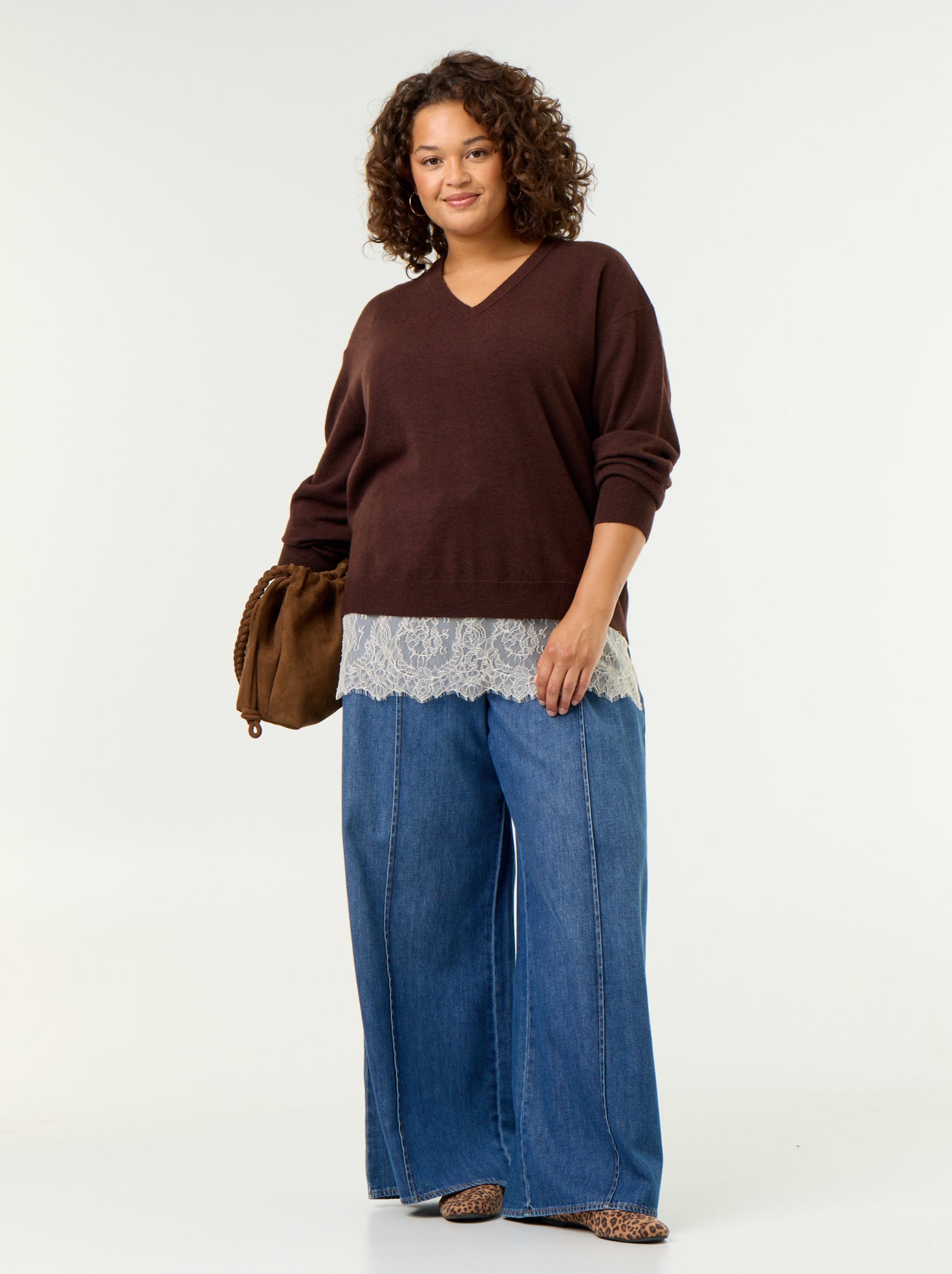 Pull 2-en-1 avec laine mélangée et dentelle - Marron