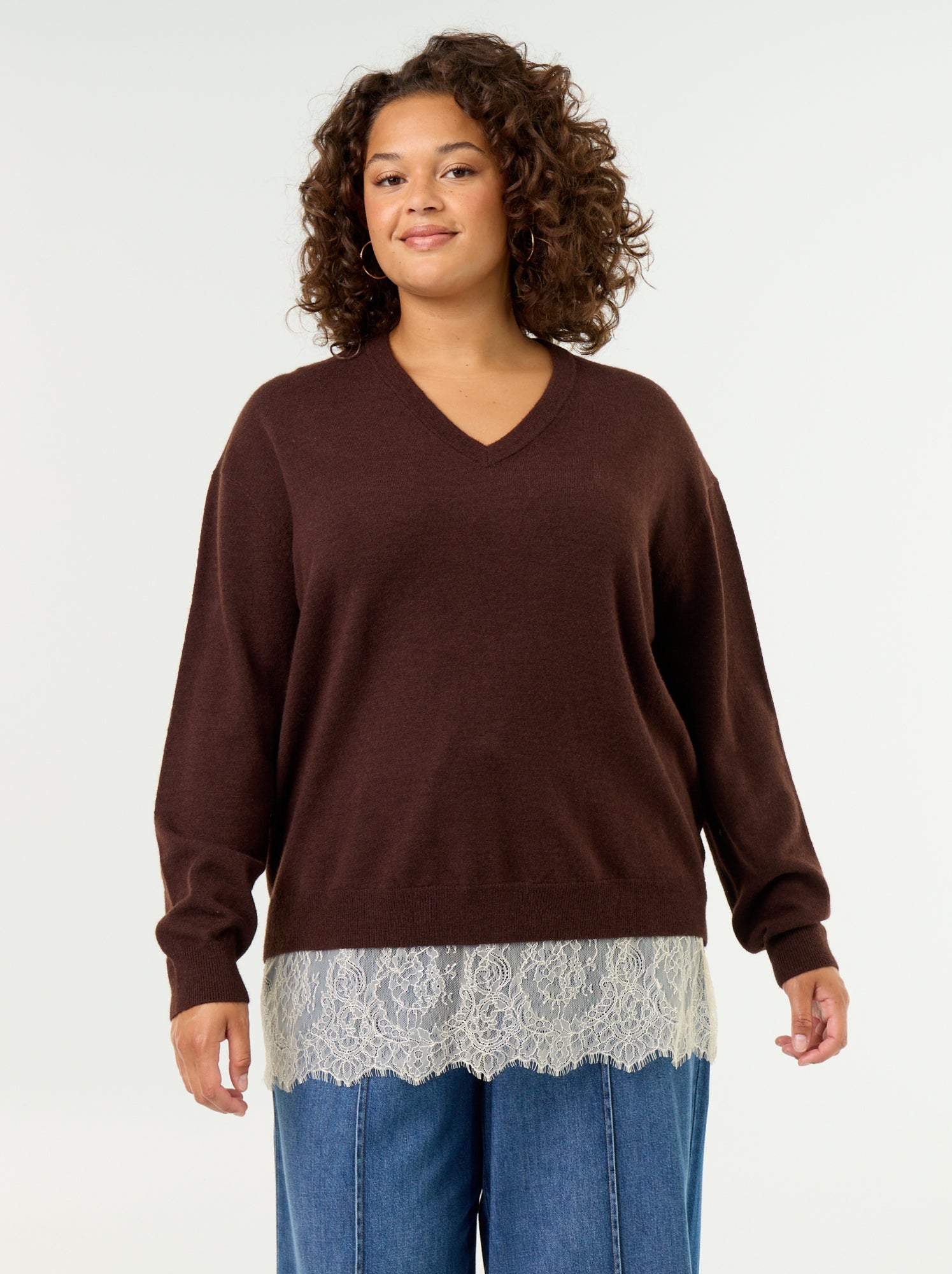 Pull 2-en-1 avec laine mélangée et dentelle - Marron
