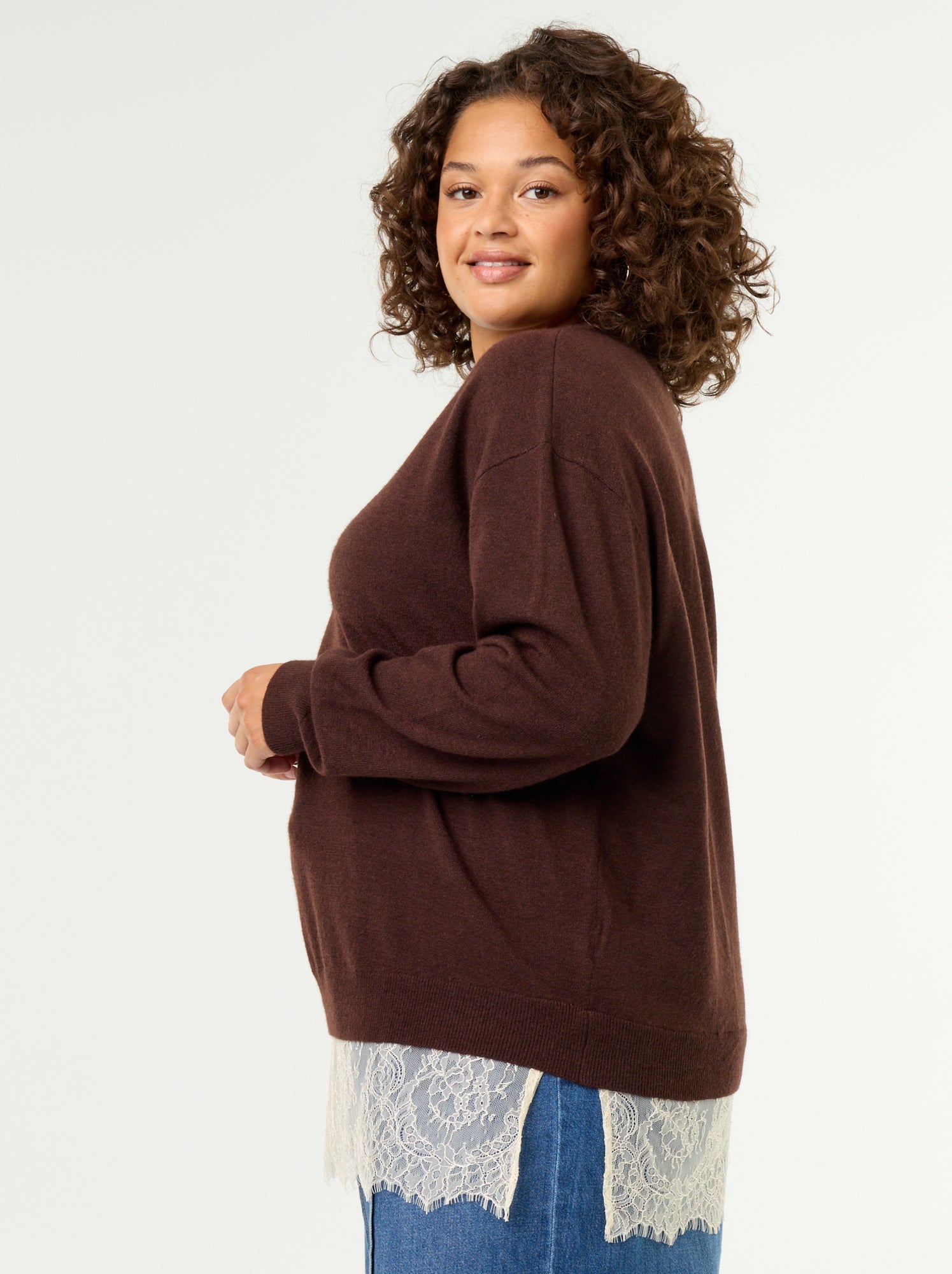 Pull 2-en-1 avec laine mélangée et dentelle - Marron