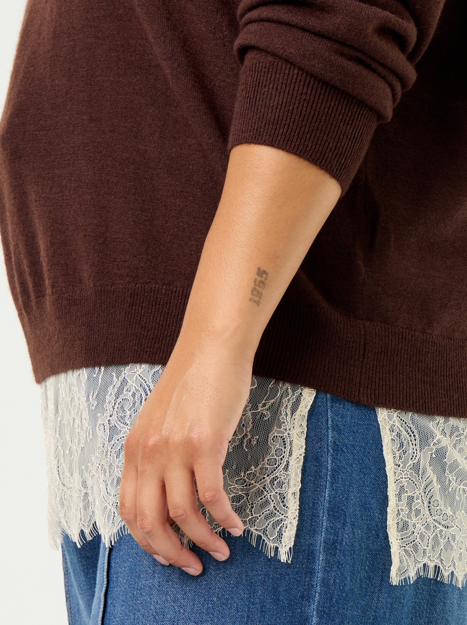Pull 2-en-1 avec laine mélangée et dentelle - Marron