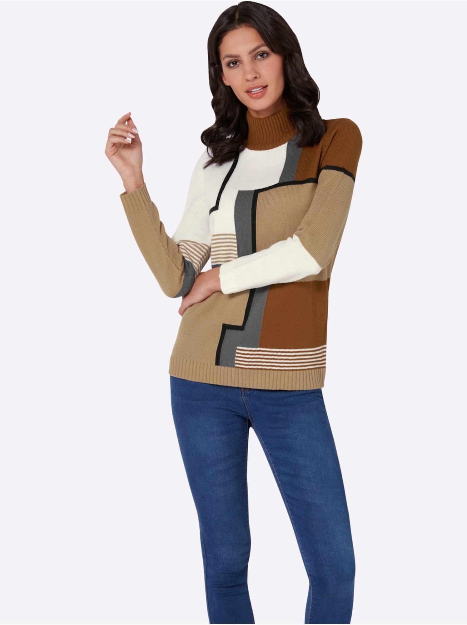 Pull à col montant en tricot avec motif graphique et bords-côtes - taille standard - moda vilona - Ecru