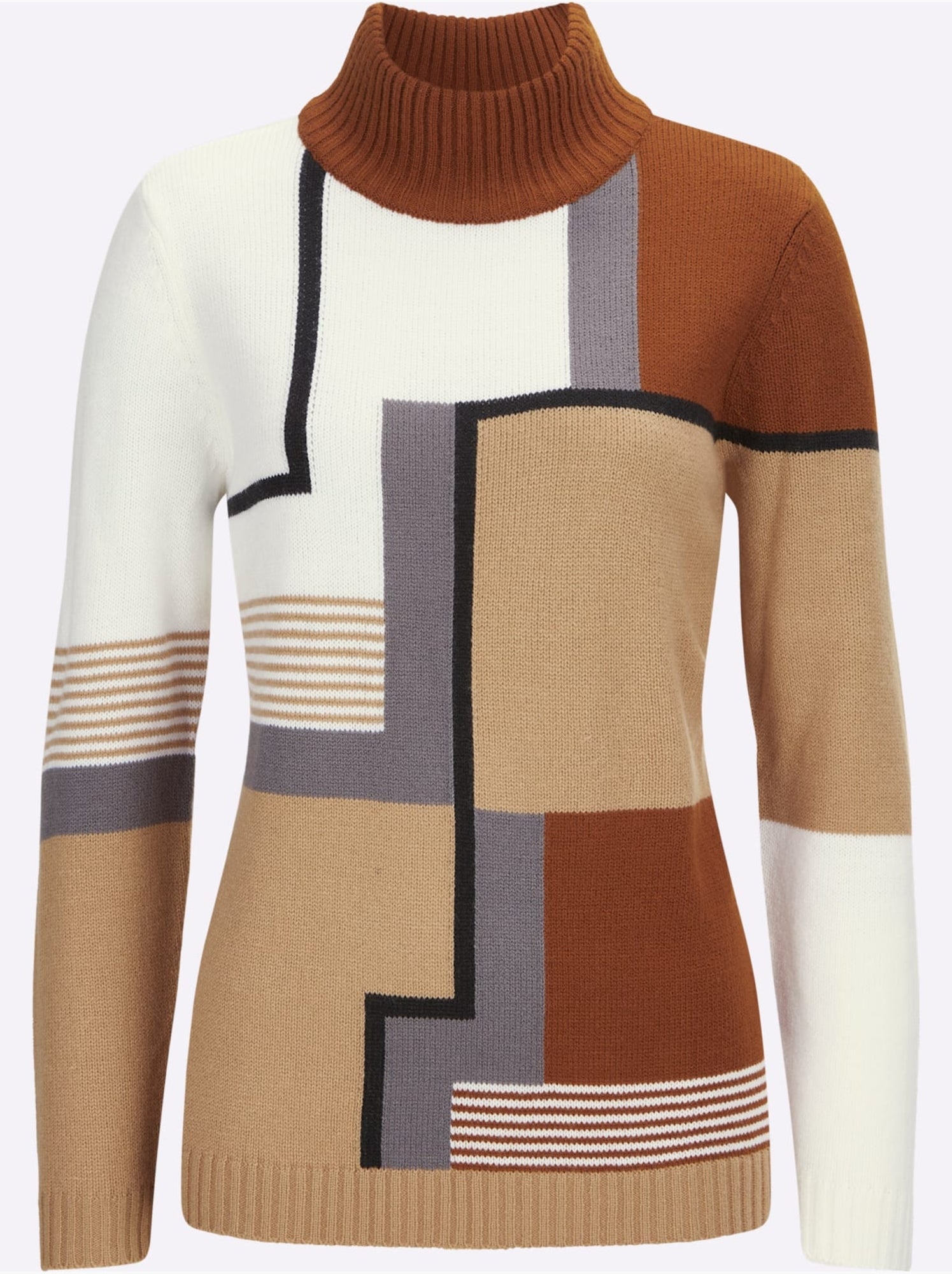 Pull à col montant en tricot avec motif graphique et bords-côtes - taille standard - moda vilona - Ecru