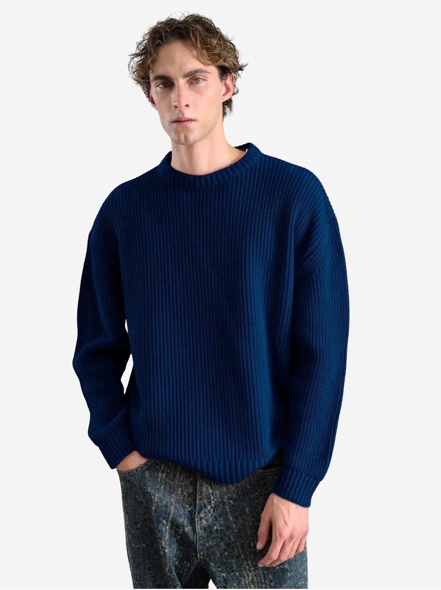 Pull à col rond côtelé pour homme giesto - Bleu marine