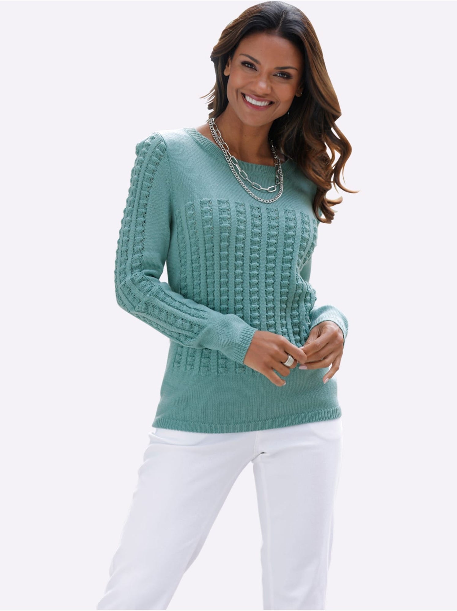 Pull à manches longues avec motif tricoté en 3d - taille standard - moda vilona - Vert Sauge