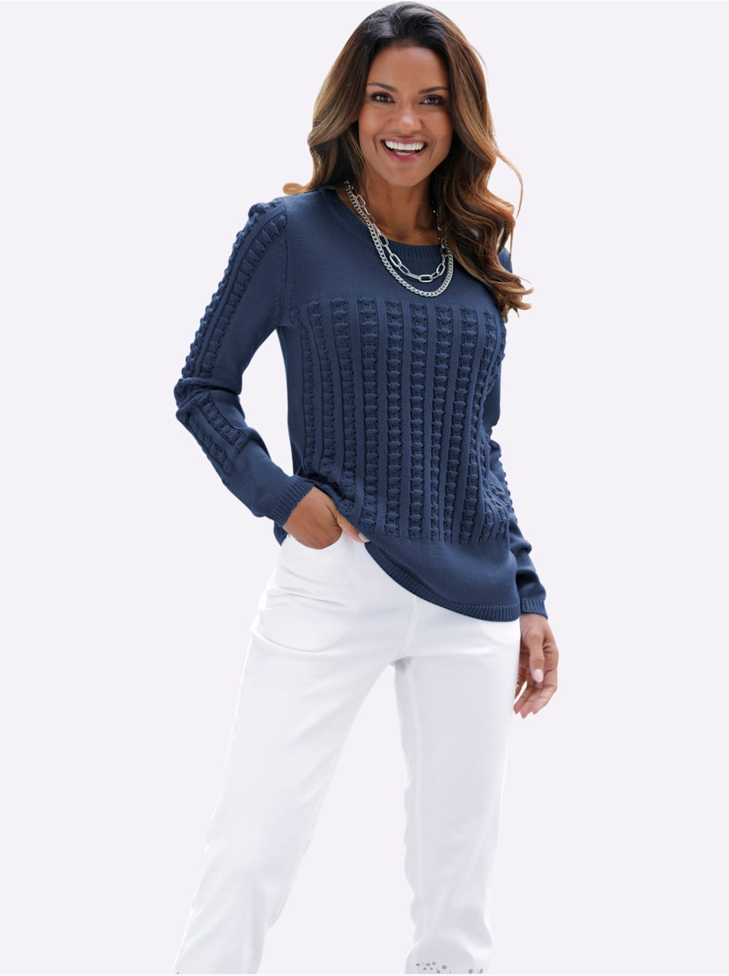 Pull à manches longues avec motif tricoté en 3d - taille standard - moda vilona - Bleu jean