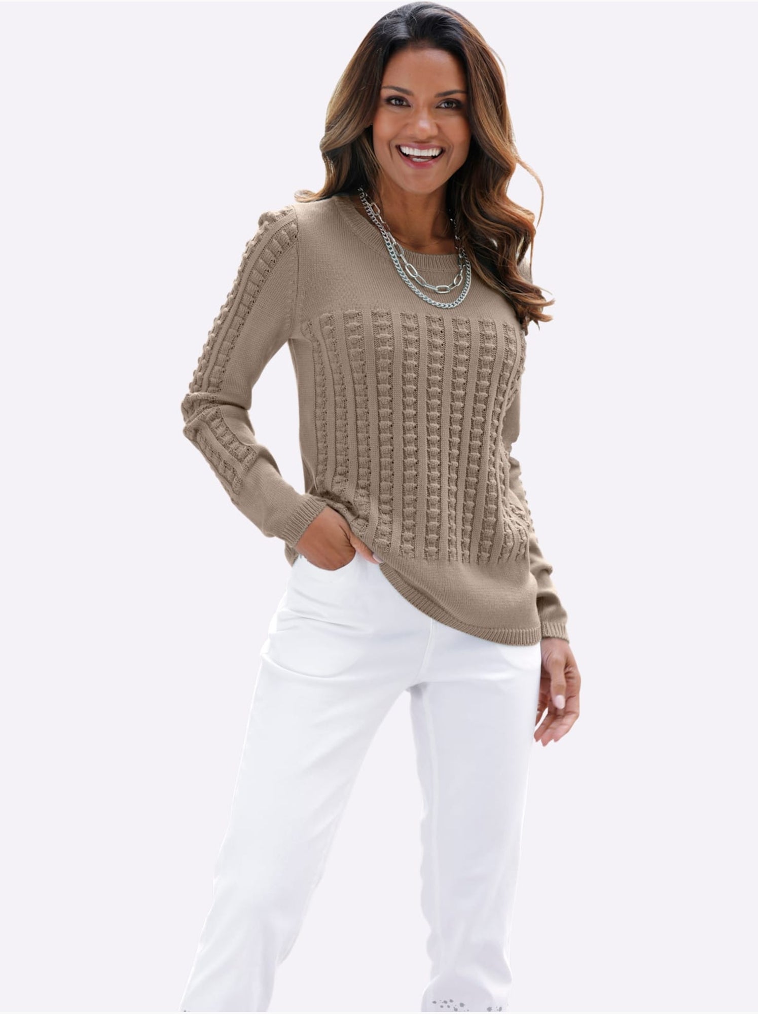 Pull à manches longues avec motif tricoté en 3d - taille standard - moda vilona - Beige