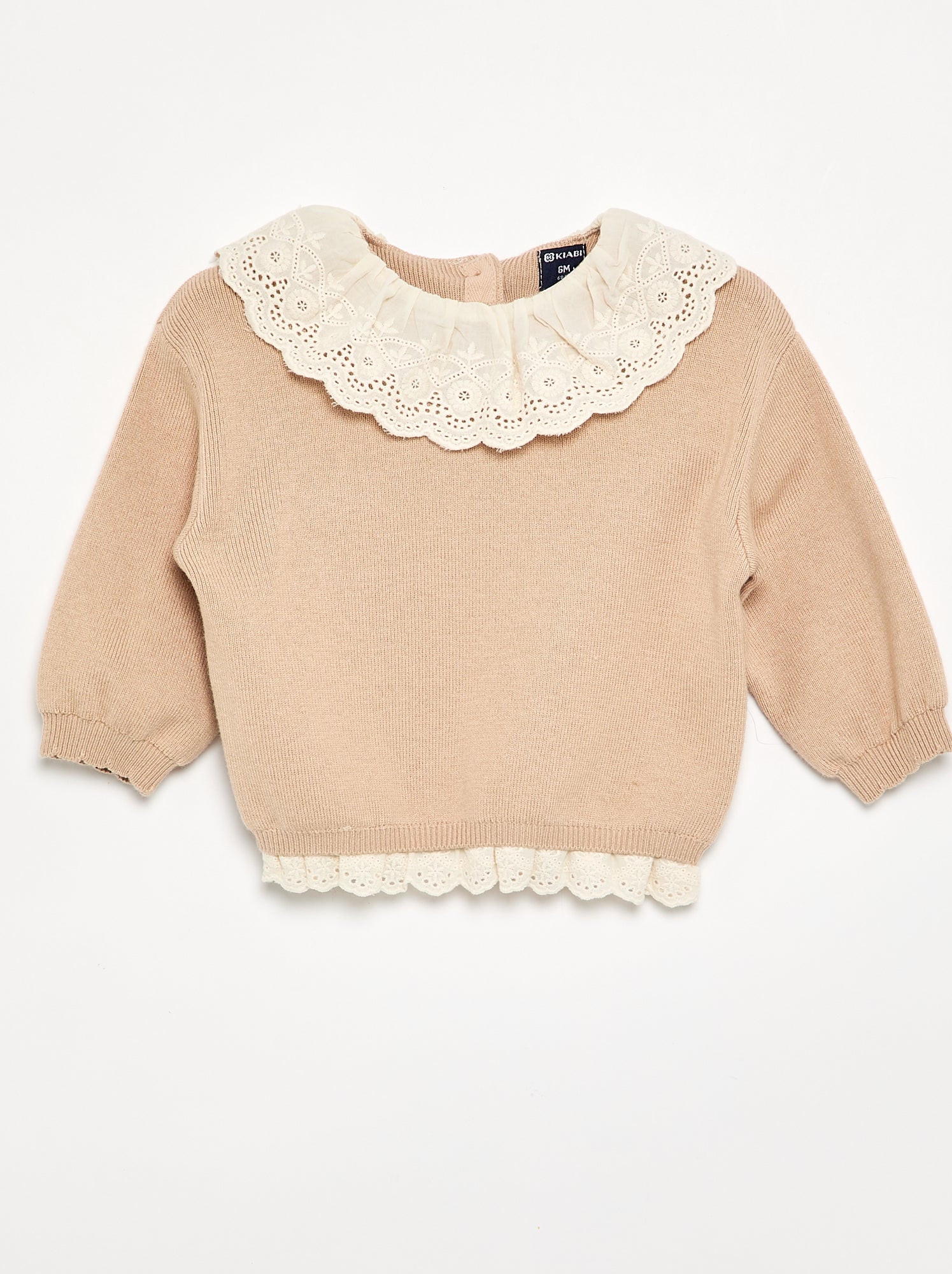 Pull avec col fantaisie en broderie anglaise - Beige