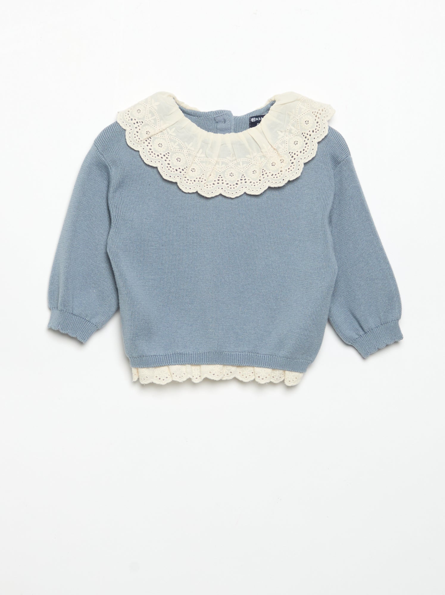 Pull avec col fantaisie en broderie anglaise - Bleu