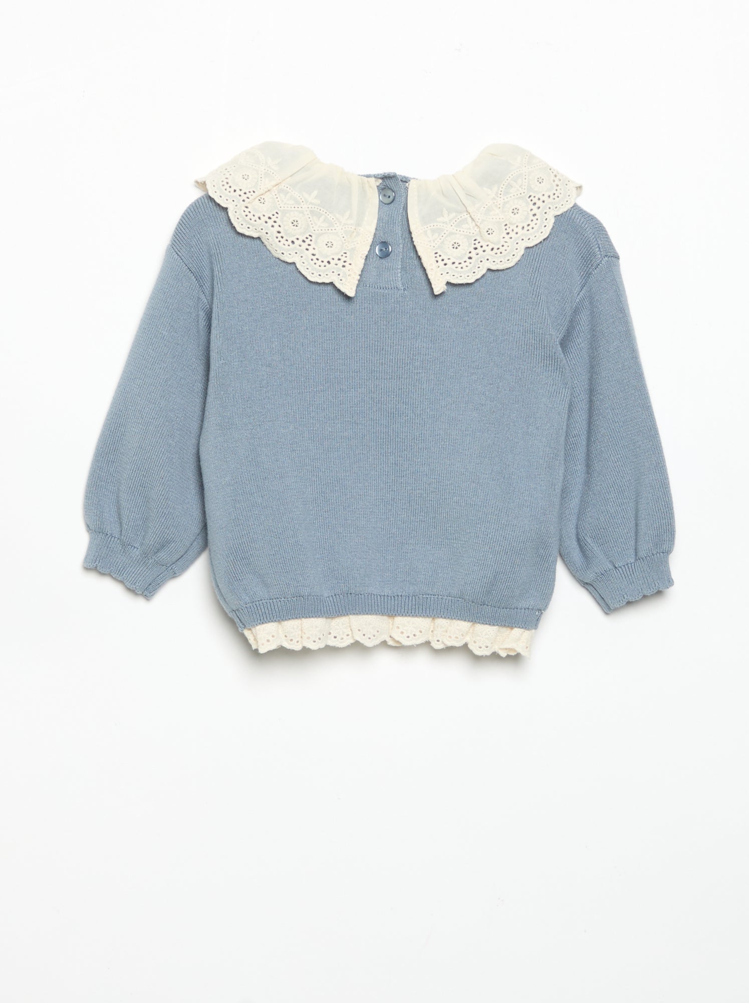 Pull avec col fantaisie en broderie anglaise - Bleu