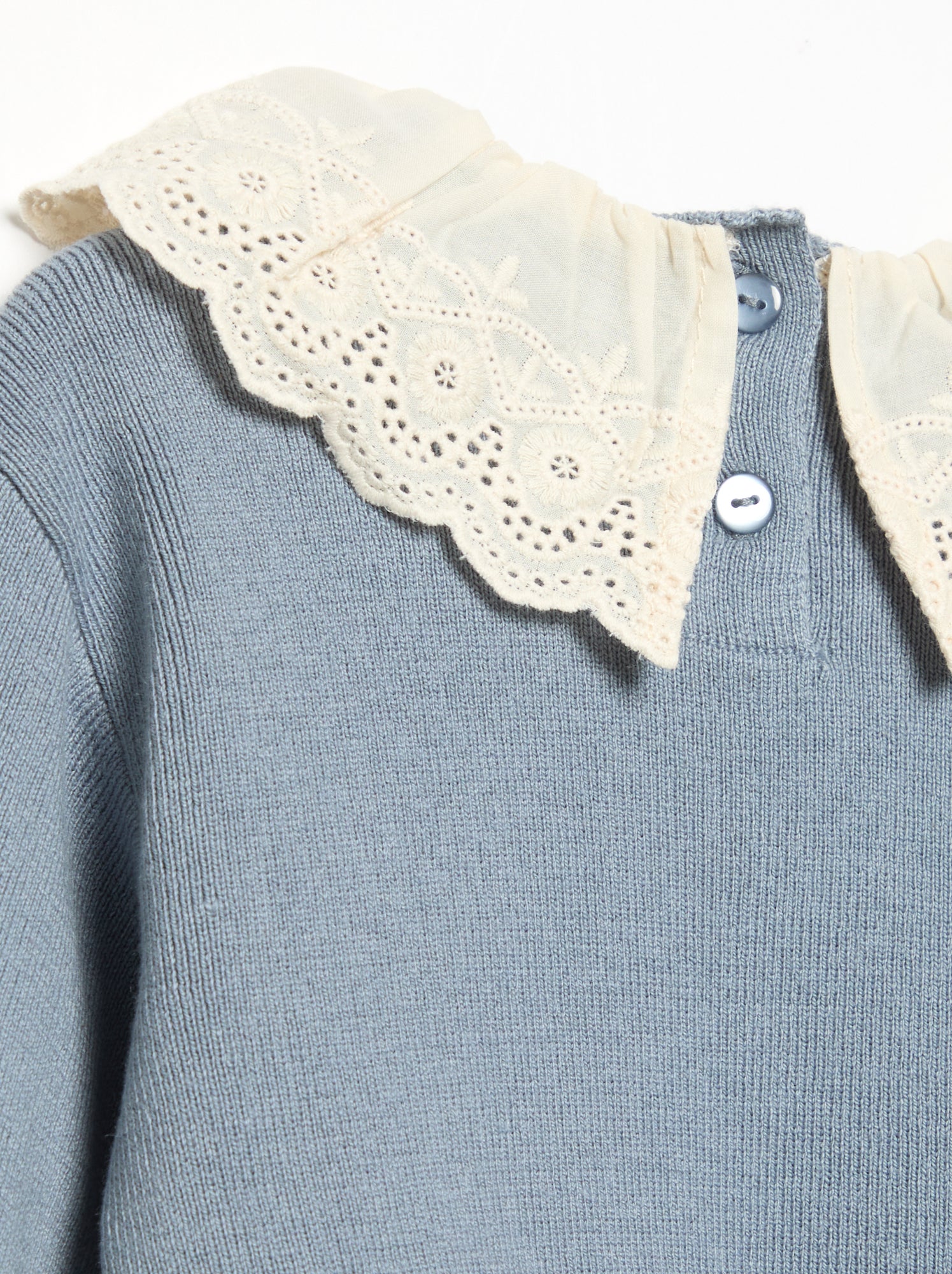 Pull avec col fantaisie en broderie anglaise - Bleu