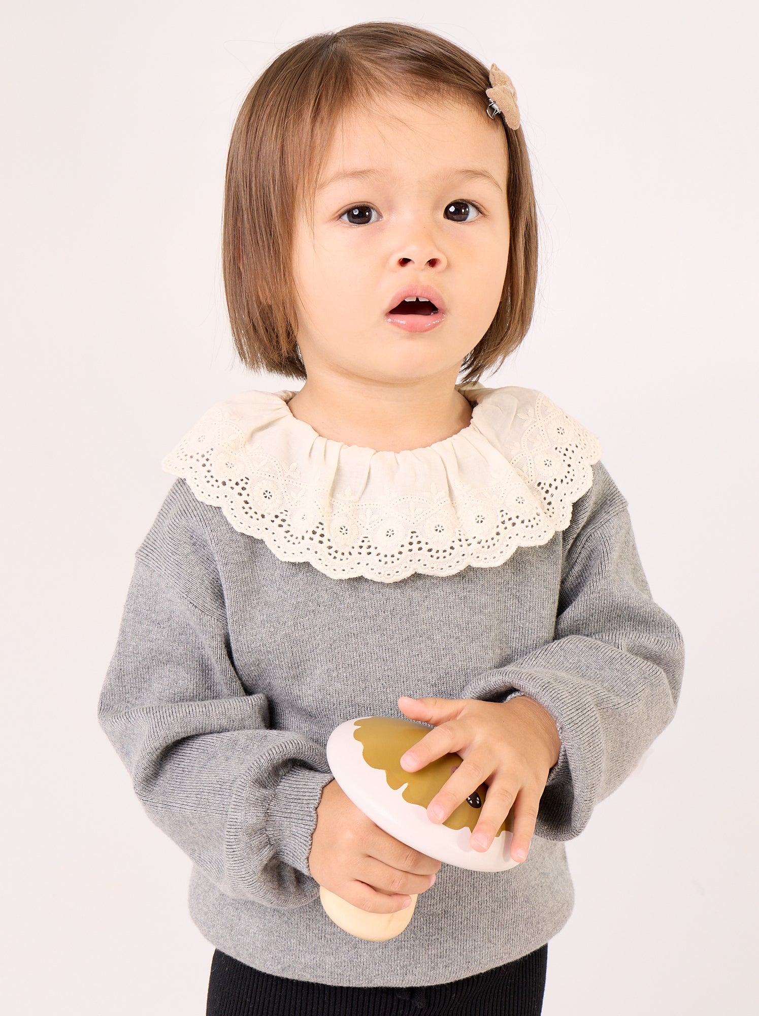 Pull avec col fantaisie en broderie anglaise - Gris