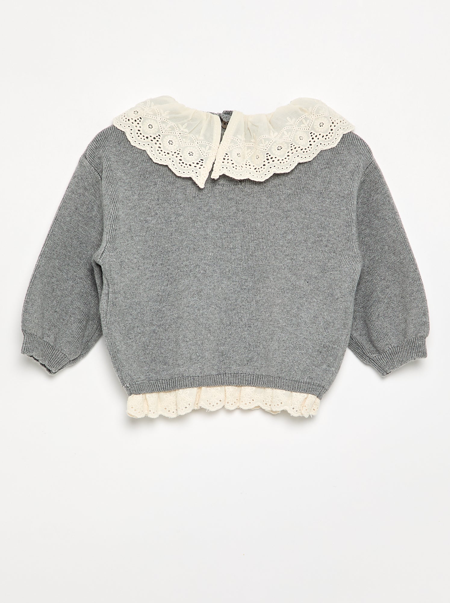 Pull avec col fantaisie en broderie anglaise - Gris