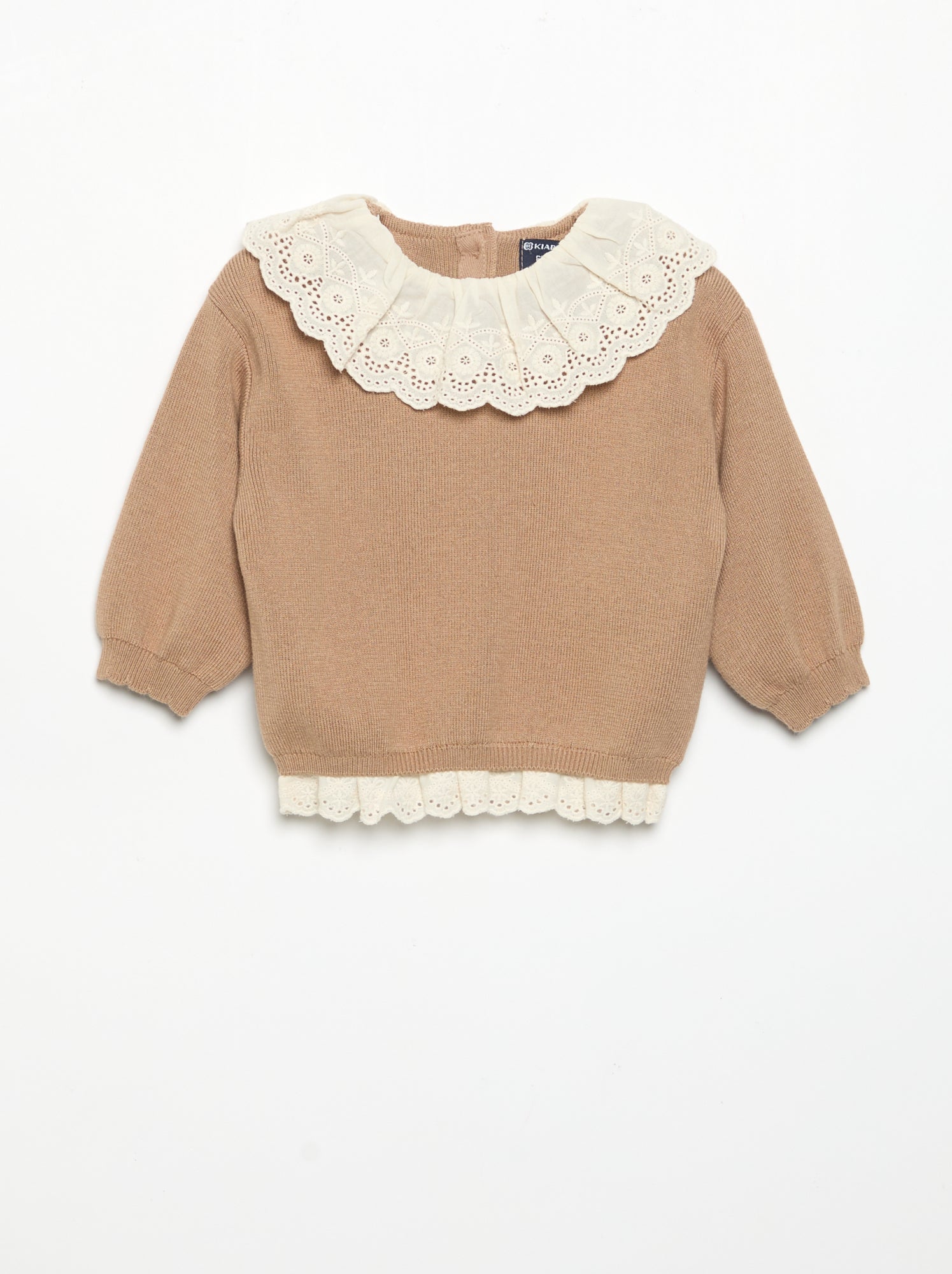 Pull avec col fantaisie en broderie anglaise - Marron