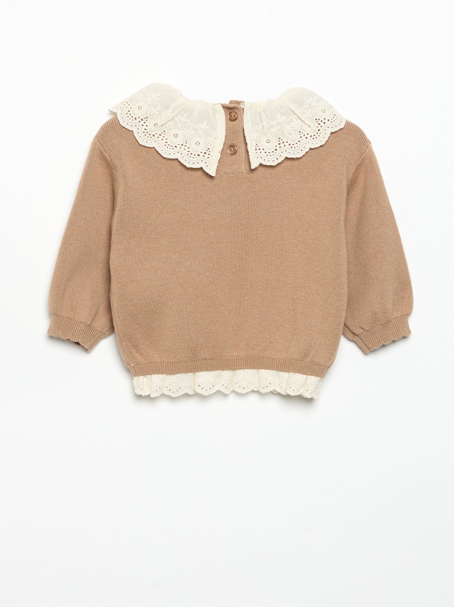 Pull avec col fantaisie en broderie anglaise - Marron